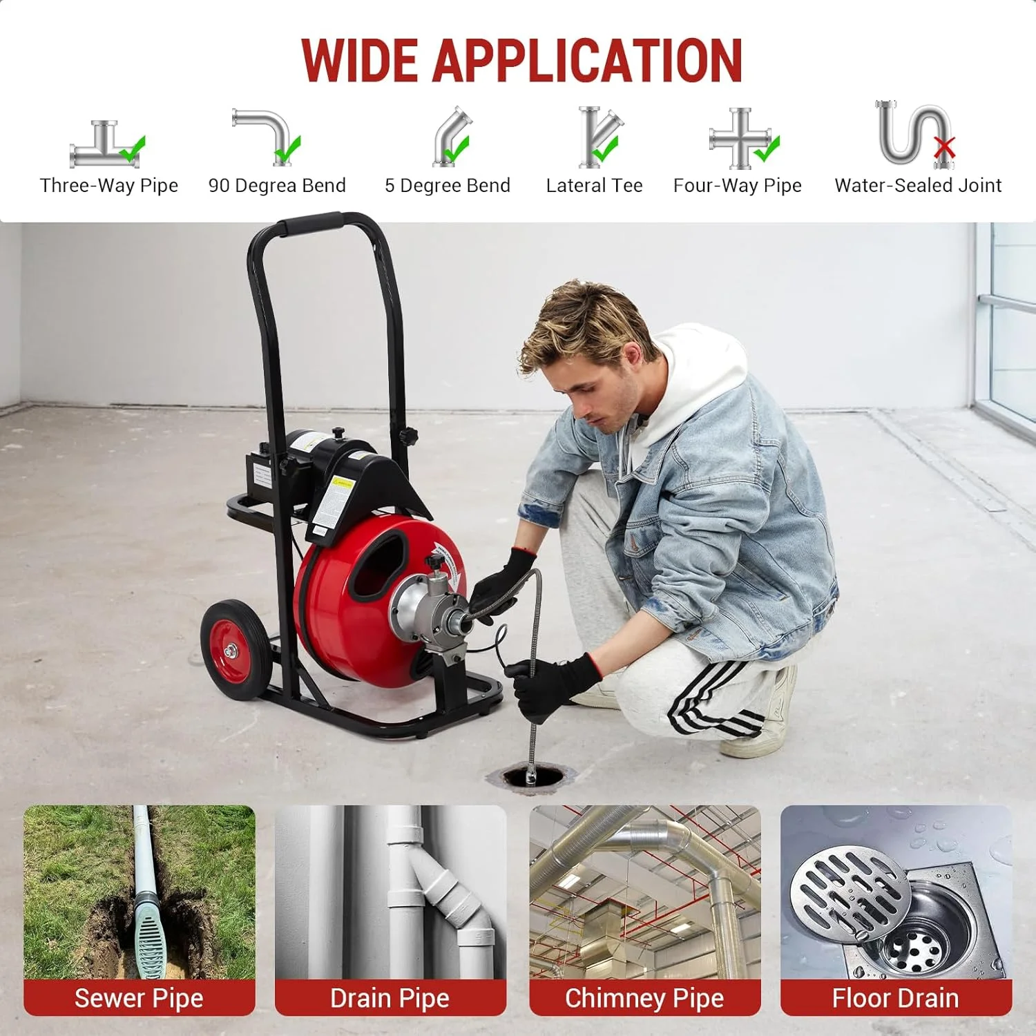 Telyswee Drain Cleaner Machine 100ft x 1/2inch Auto-feed Electric Drain Auger for 1in to 4in Pipes, w/ 8 Cutters & Air-activated Foot Switch, 250W/370W 1700RPM Drain Sewer Snake Drain Auger Cleaner