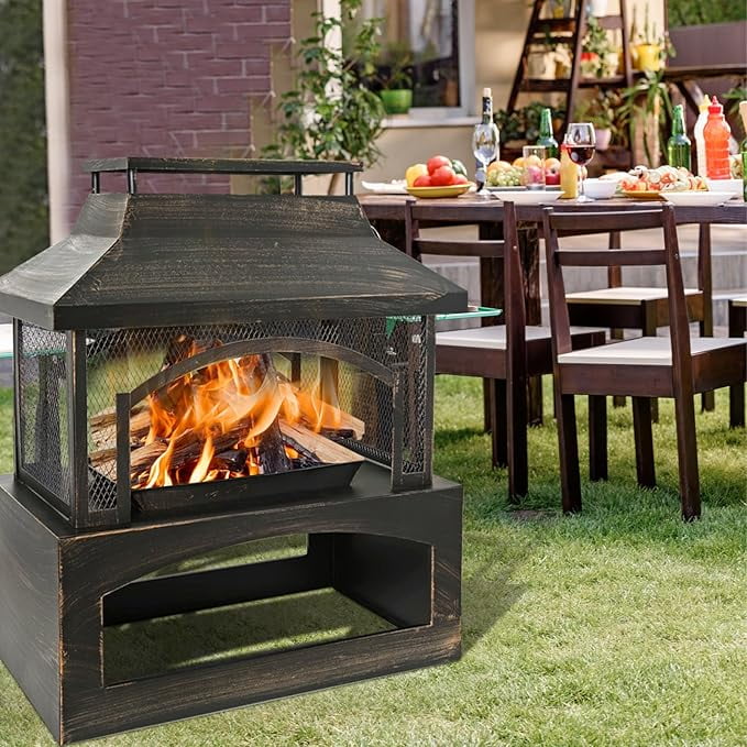 Large Outdoor Wood Burning Fireplace, house shape Outdoor Log Burner Fire Pit with Log Grate and Poker, 37" x 32" x 18" Large Metal Firepit for Patio Garden Backyard, Black - Image 4