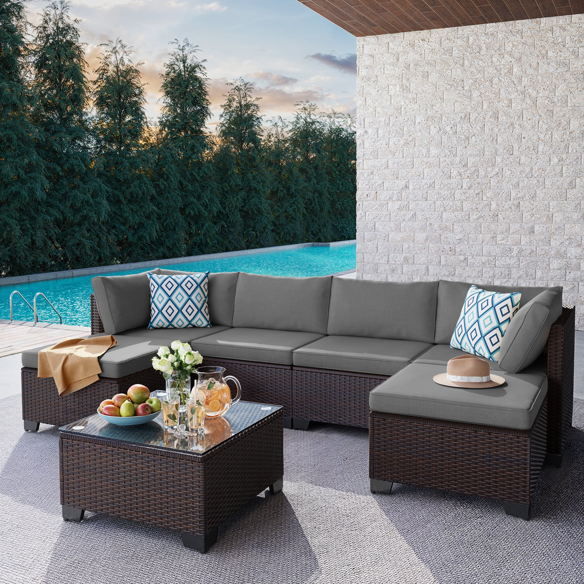 Aiho 7-Piece Rattan Patio Furniture Set , Outdoor Sectional Furniture Set for Patio, Garden, Backyard, Grey - Image 39