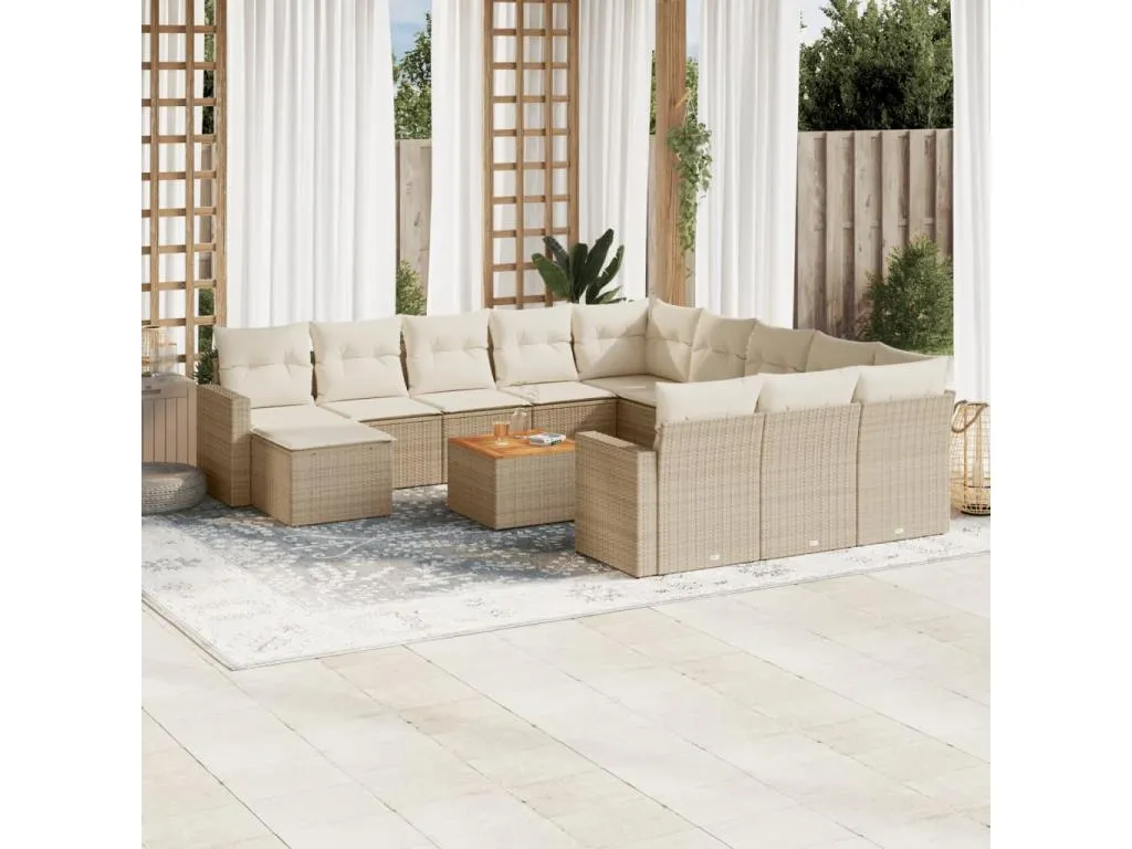 Set sofás de jardín con cojines 13 pzas ratán sintético beige