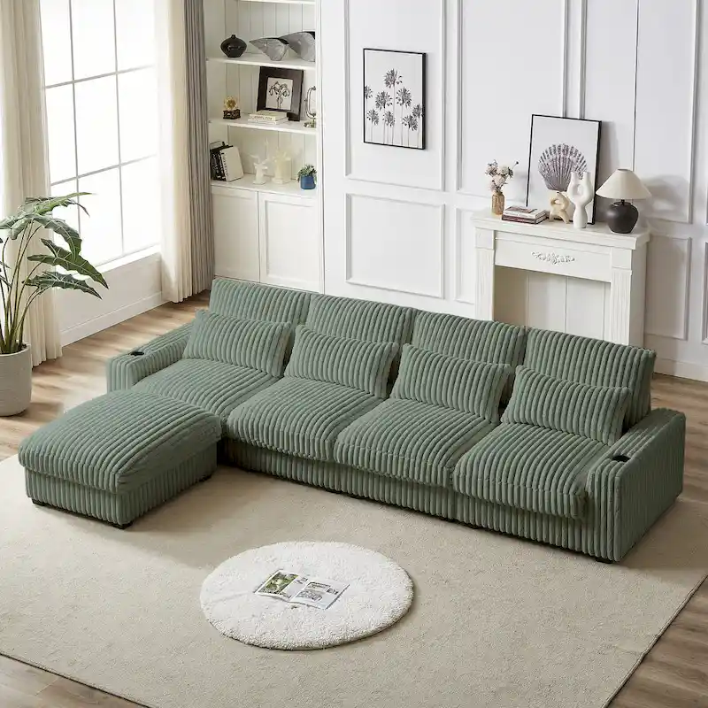 126W Large L-Shaped Corduroy Sofa with USB Charging Port