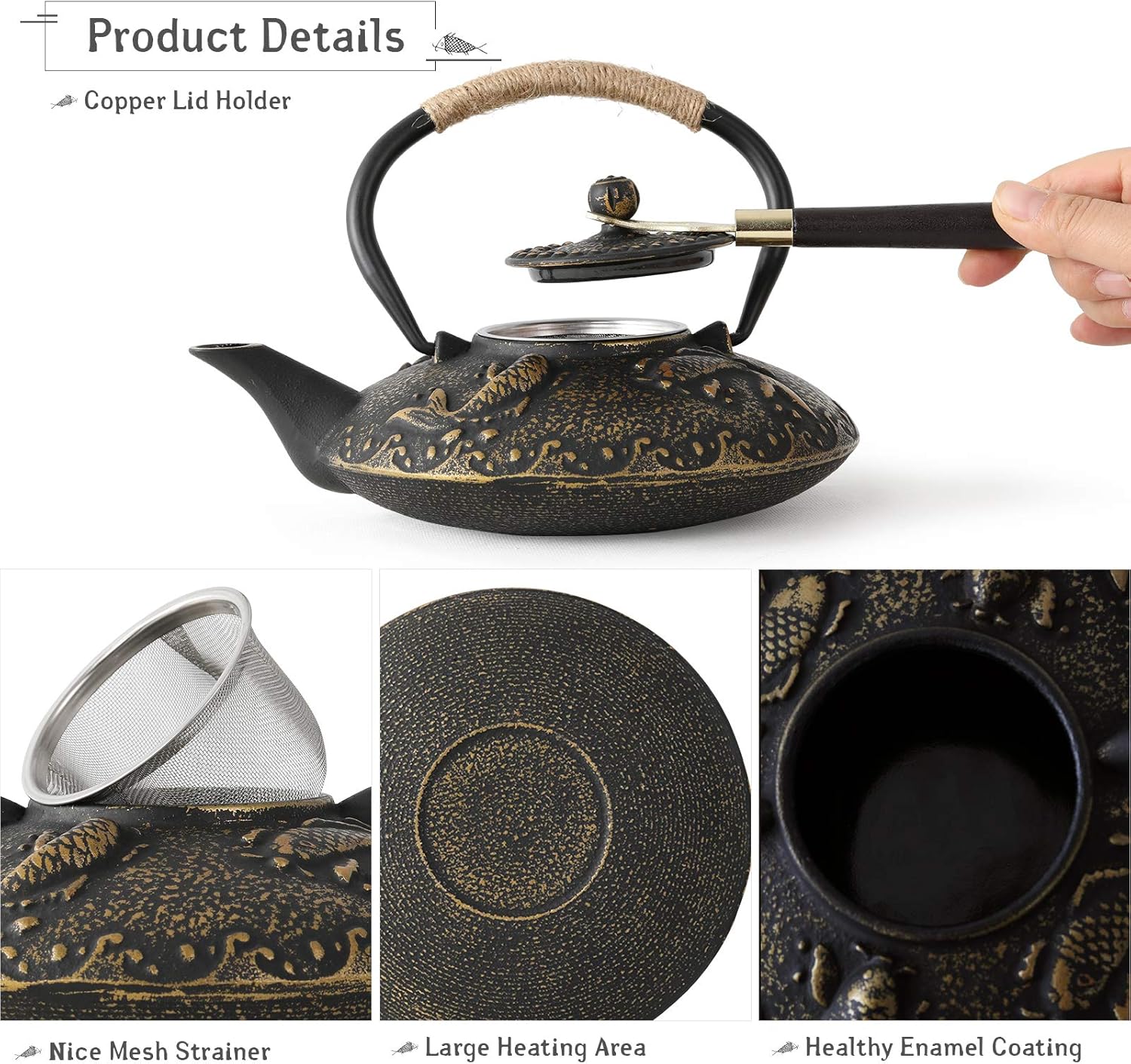 Ufine Koi Fish Cast Iron Teapot Set Stove Top Tea Kettle with 4 Cups Japanese Style Tetsubin Tea Gift Set, 26 oz with Stainless Steel Infuser