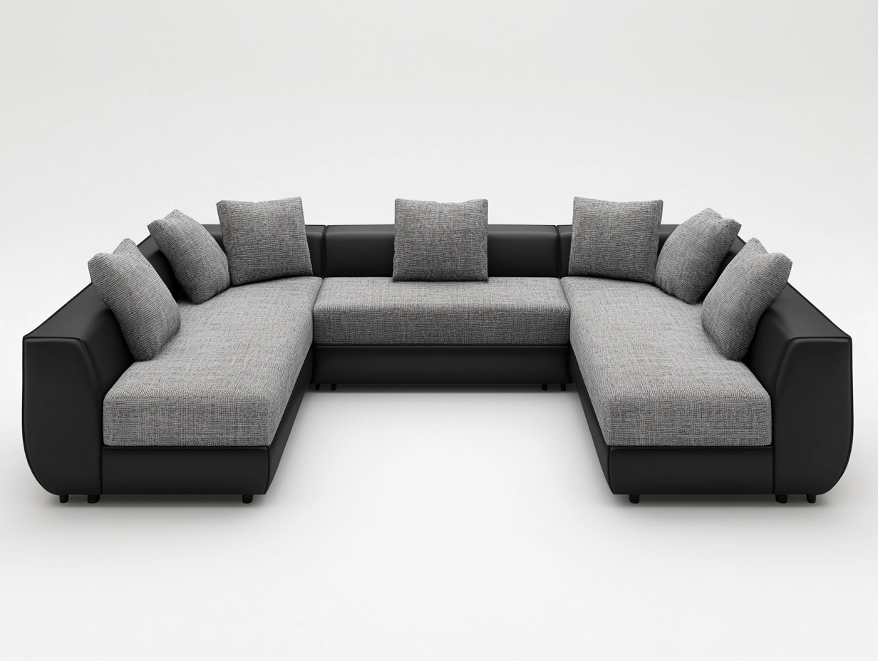 Sofá seccional en forma de U gris y negro para sala moderno tela y cuero sintético 350x220x85cm con cojines relajantes FC3942485