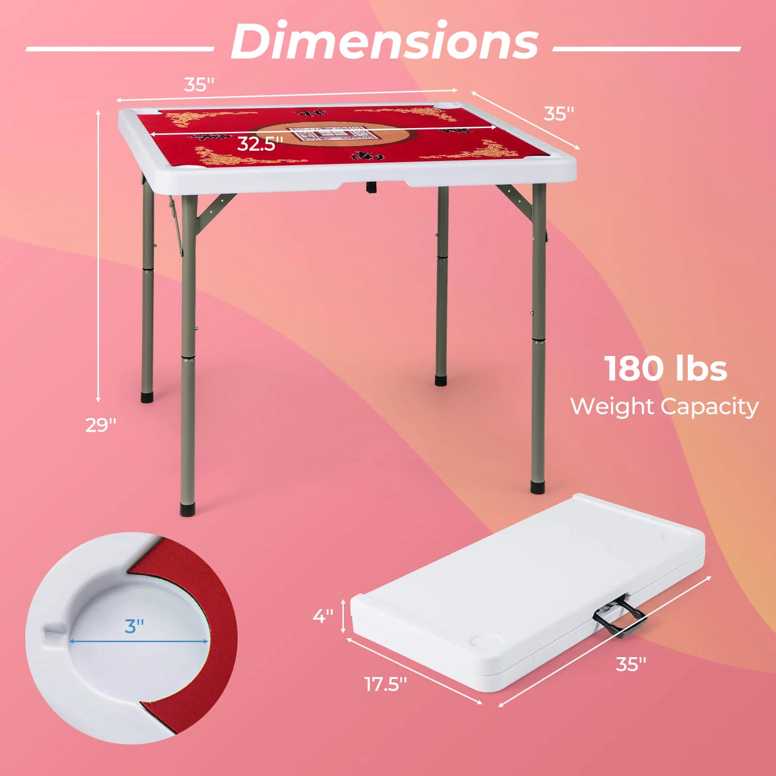 Costway 35" Folding Mahjong Table with Cup Holders & Smooth Felt Mat Carrying Handle Green - Image 15
