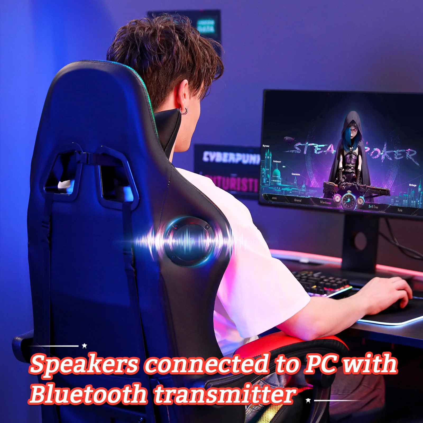 Hoffree Gaming Chair with Speakers PU Leather Office Chair with Footrest and LED Lights Ergonomic Gamer Chair with Massage Lumbar Support and Headrest Adjustable Swivel for Home Office 300lb - Image 56