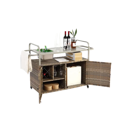 Yiweny Outdoor Rolling Wicker Bar Cart, Large Portable Outdoor Wicker Bar Table with Cabinet Storage and Glass Countertop, Patio Wicker Serving Bar Cart for Pool, Party, Backyard, Black - Image 14