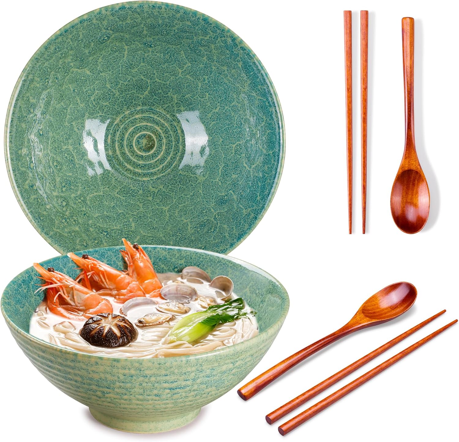 Ceramic Ramen Bowl Set - Set of 8, 2 x Ramen Bowls with Chopsticks, Ceramic Bowl & Frame Spoon for Asian Noodles and Udon (2-Piece Bowl Set) (Emerald Green 2 sets)