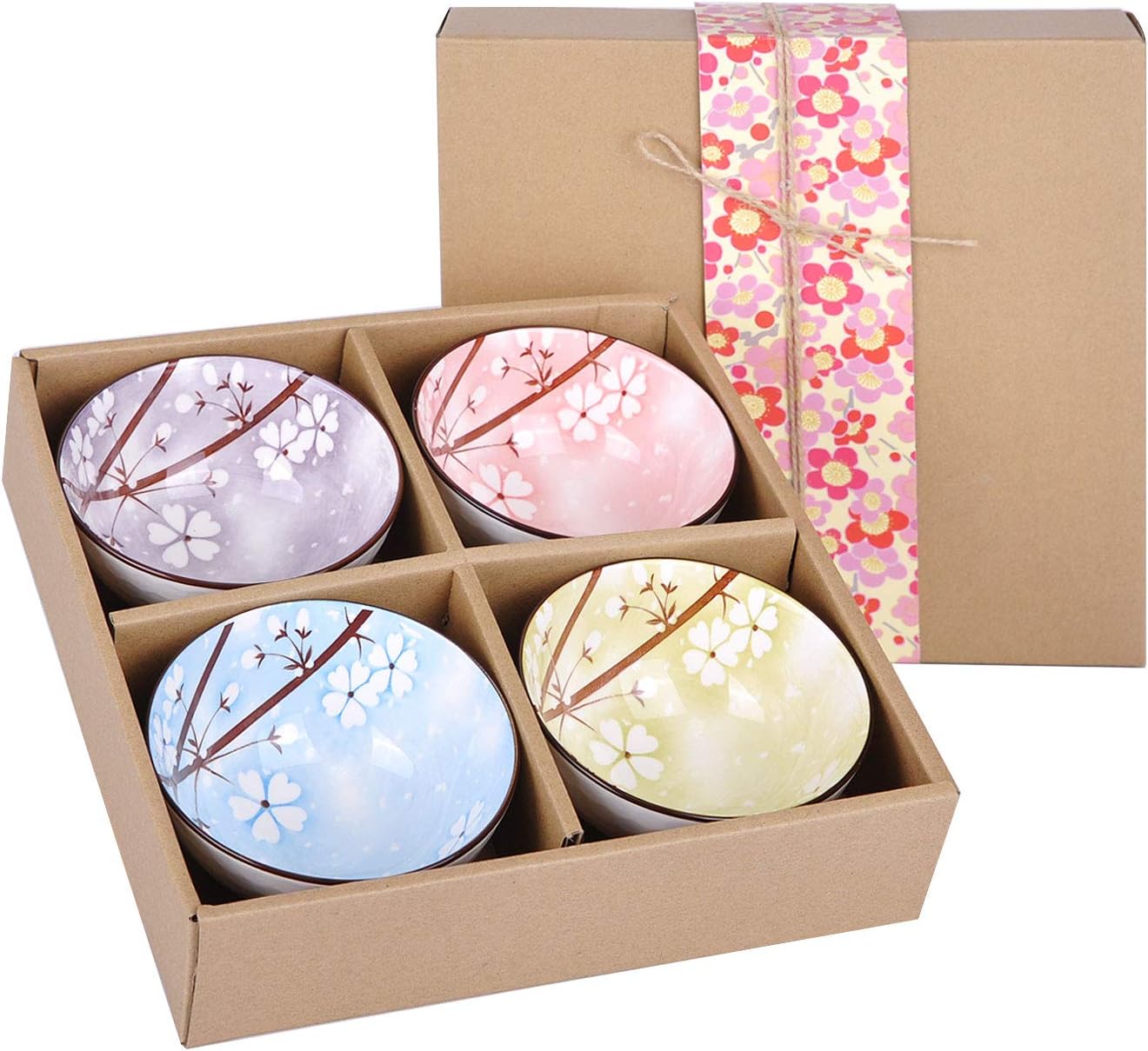 VanEnjoy Set of 4 Japanese Style Ceramic Rice Bowl with Gift Box,Blue and White Pattern Bowls Set,Underglazed Dinnerware, For Dessert Snack Cereal Soup Portion Control Bowl