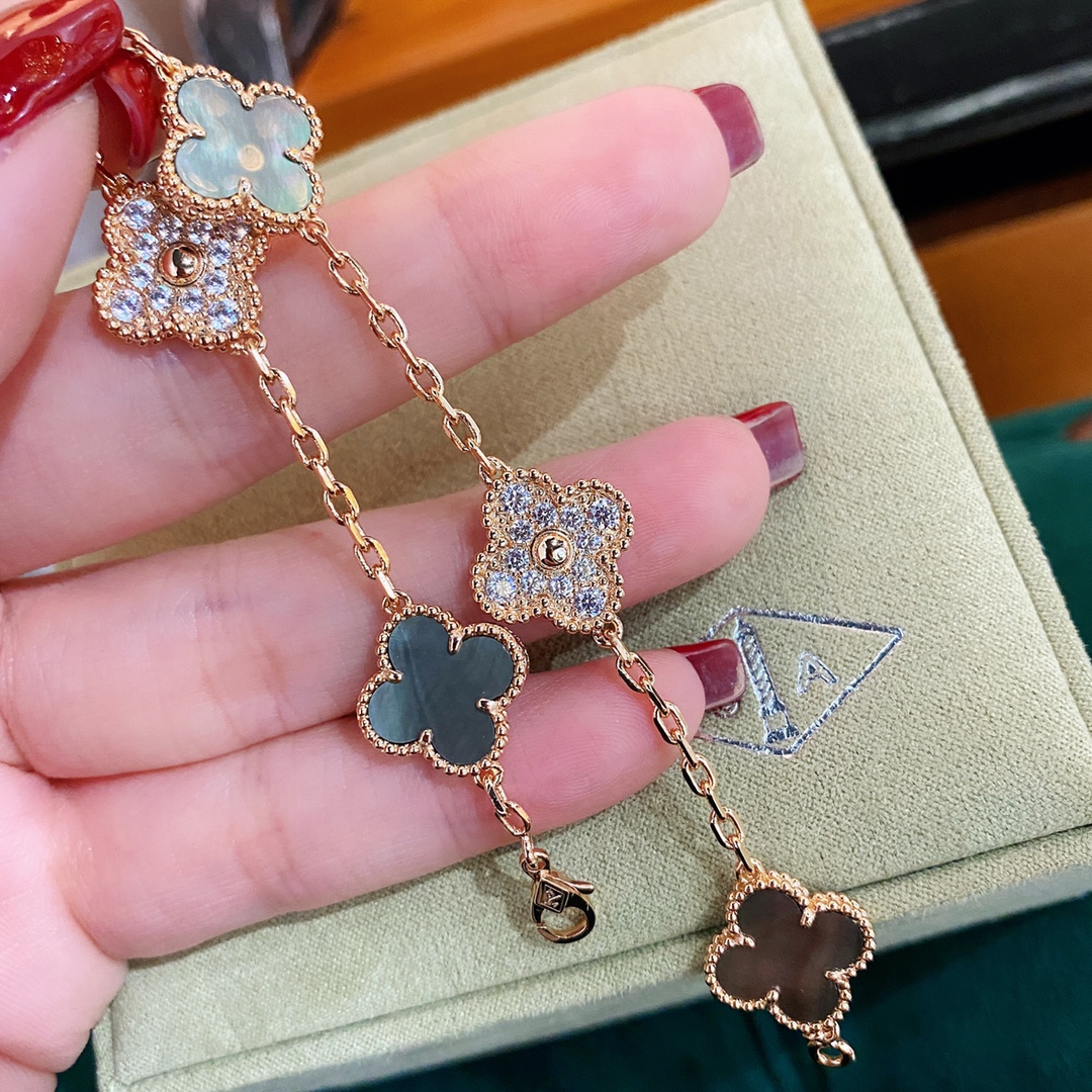 VCA Gray Mother of Pearl & Diamond Vintage Alhambra Bracelet, 5 Motifs - Original Replica Club
