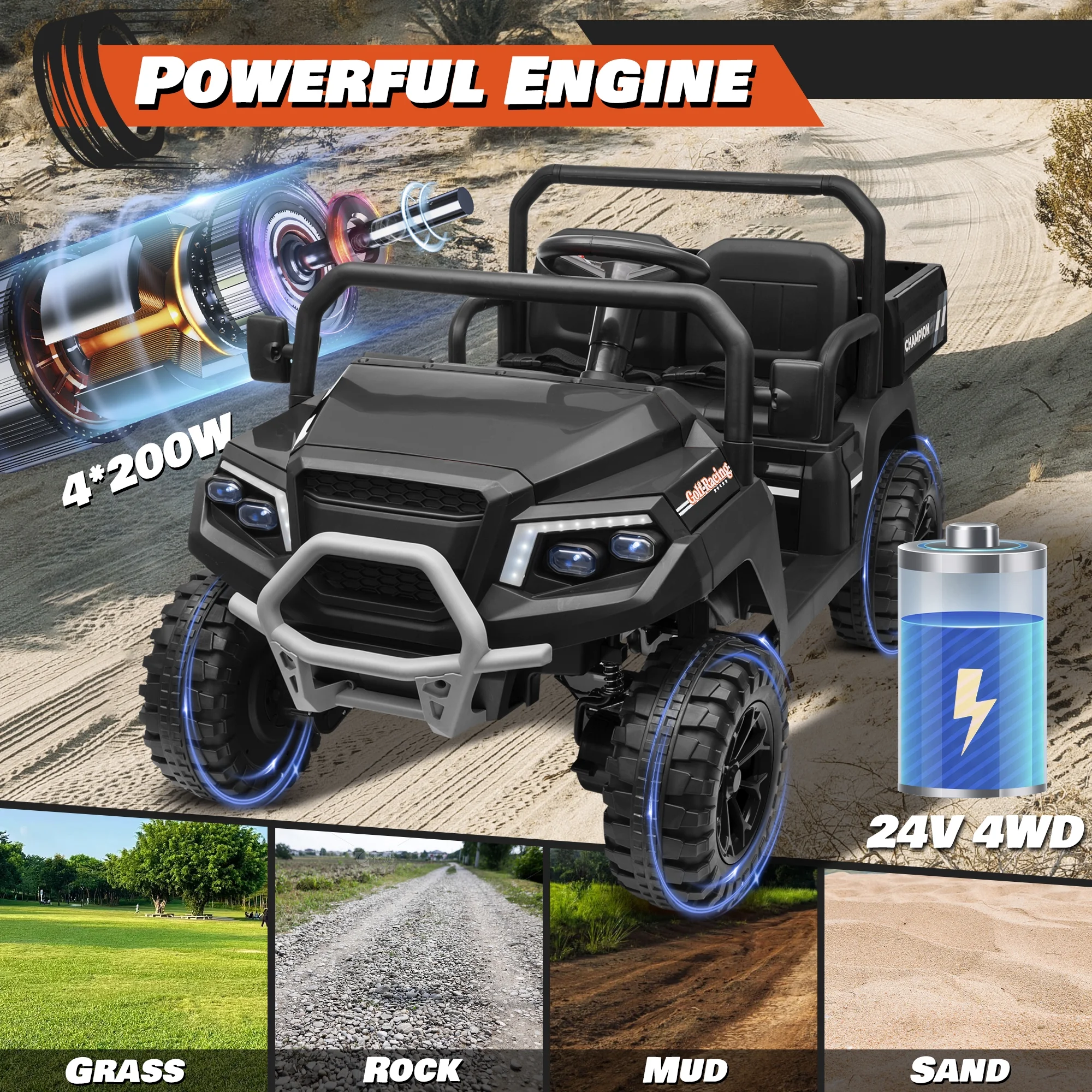 Joyracer 4WD 24 Volt Ride on Toys UTV with 2 Seater & Remote Control, Kids Electric Golf Cart w/ 4x200W Power Motors, Tiltable Trailer & Shovel, 4 Wheels Spring Suspension, Bluetooth USB Music, Black - Image 2