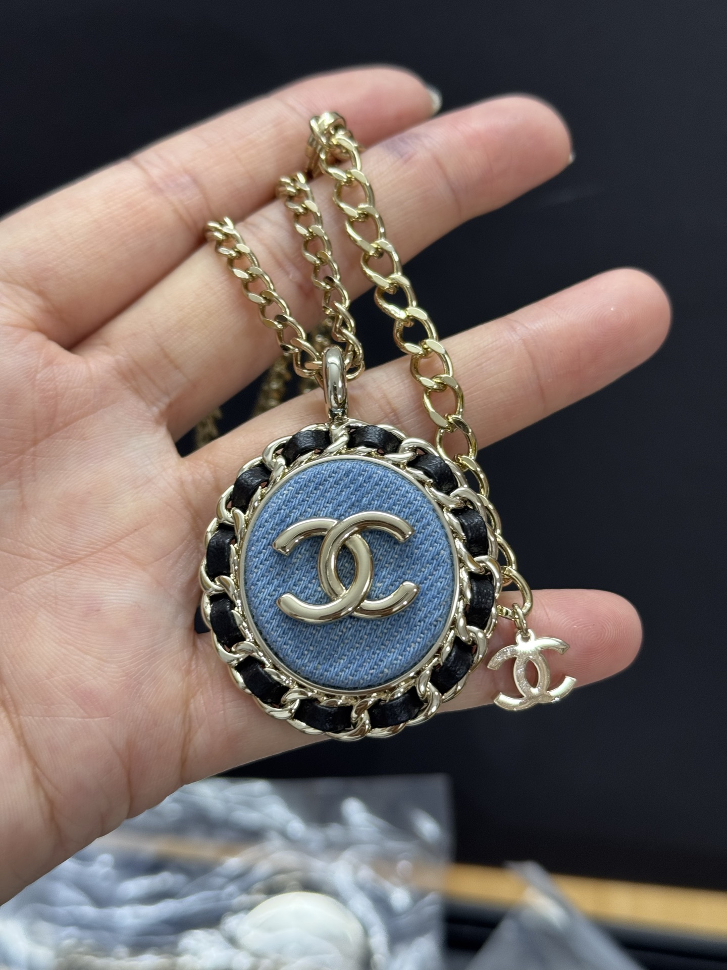 Chanel Large Leather Wrap Vintage Denim Oval Pendant Necklace - Original Replica Club