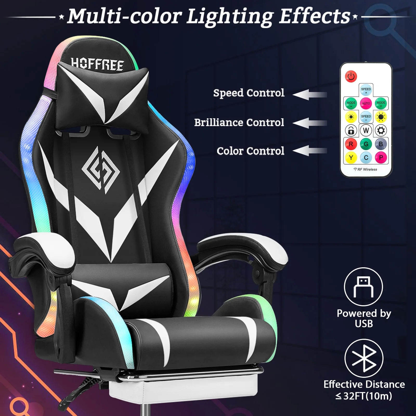 Hoffree Gaming Chair with Speakers PU Leather Office Chair with Footrest and LED Lights Ergonomic Gamer Chair with Massage Lumbar Support and Headrest Adjustable Swivel for Home Office 300lb - Image 65