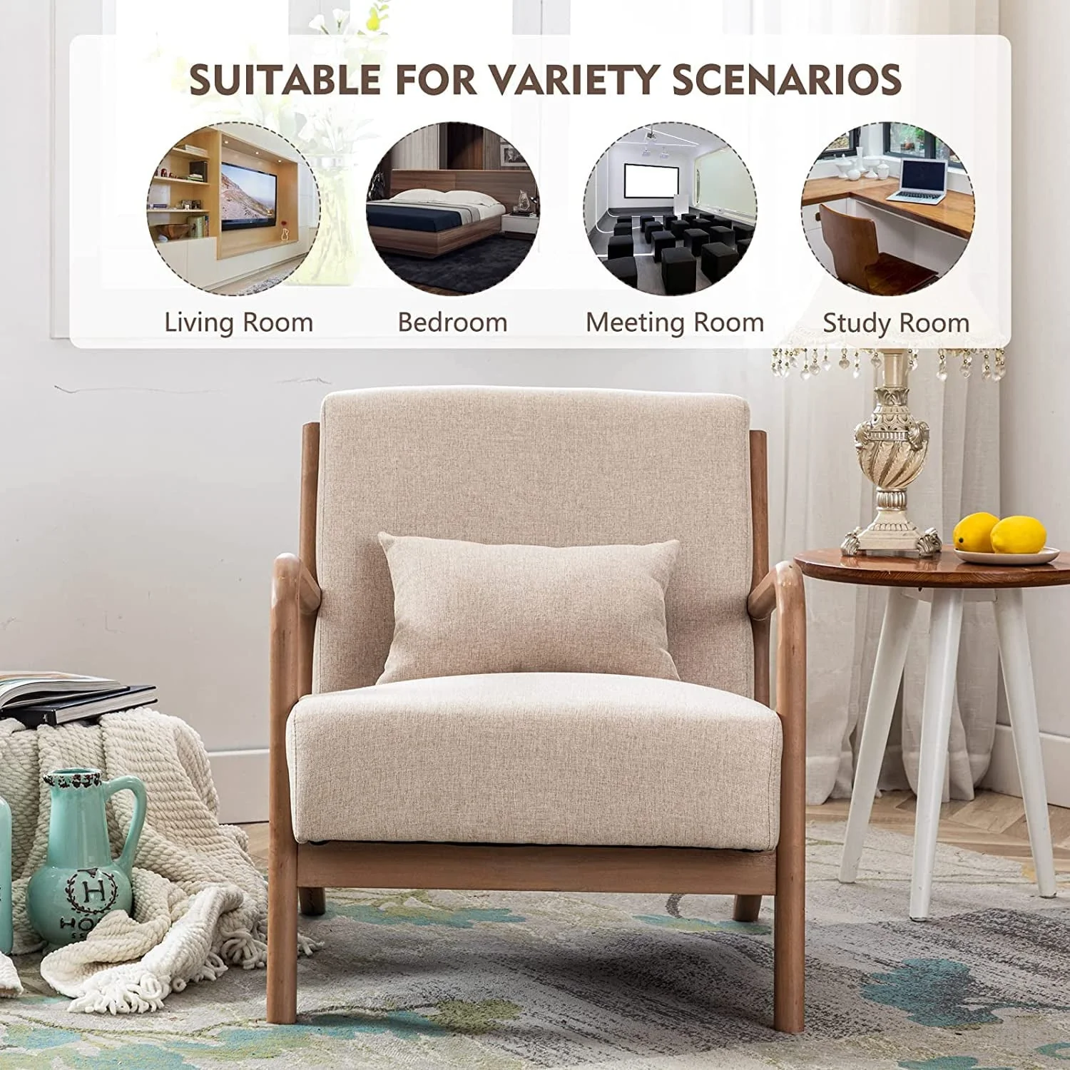 Bonzy Home Mid Century Modern Accent Chair, Single Fabric Lounge Reading Armchair with Solid Wood Frame, Easy Assembly Arm Chairs for Living Room, Beige - Image 6