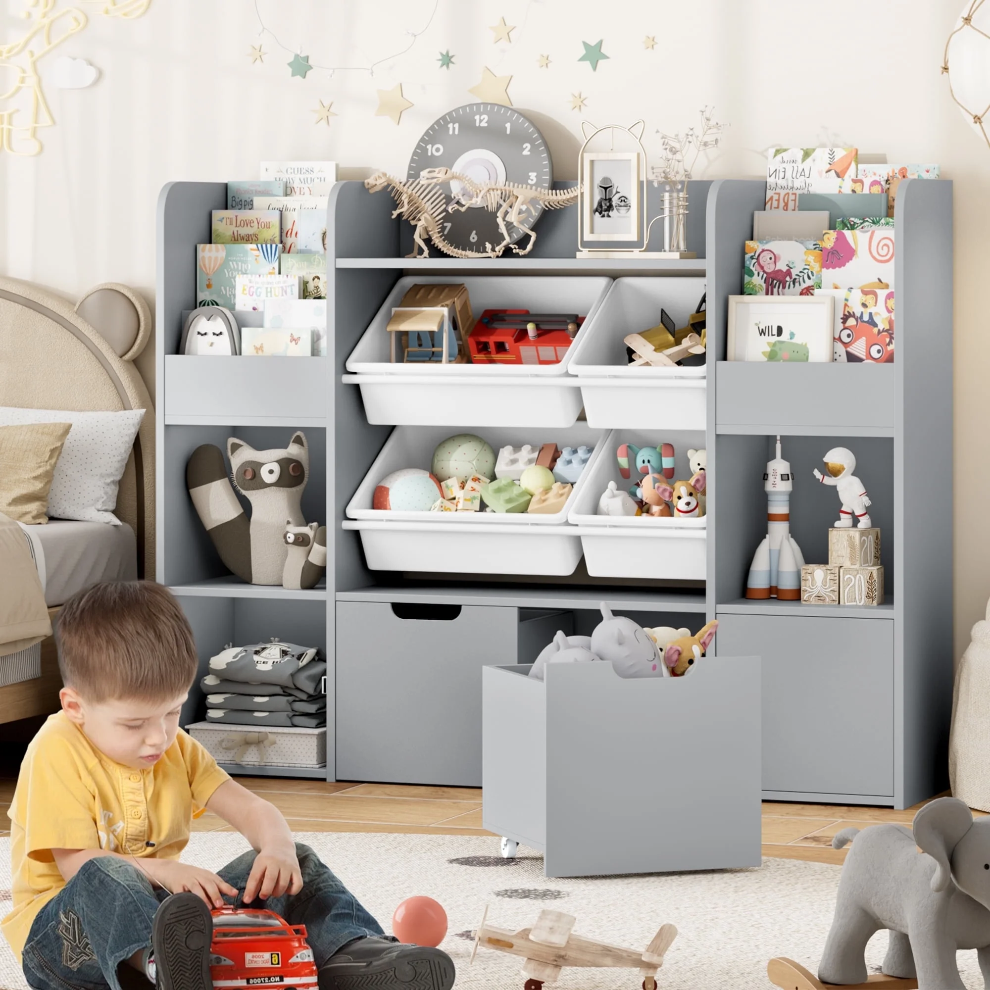 Hiphuta Kids Bookcase Toy Storage Organizer, Wooden Toy Organizer of 4 Bins& 2 Removable Drawers for Home Bedroom, Kids Bookshelf Toy Box with Book Rack, White - Image 26
