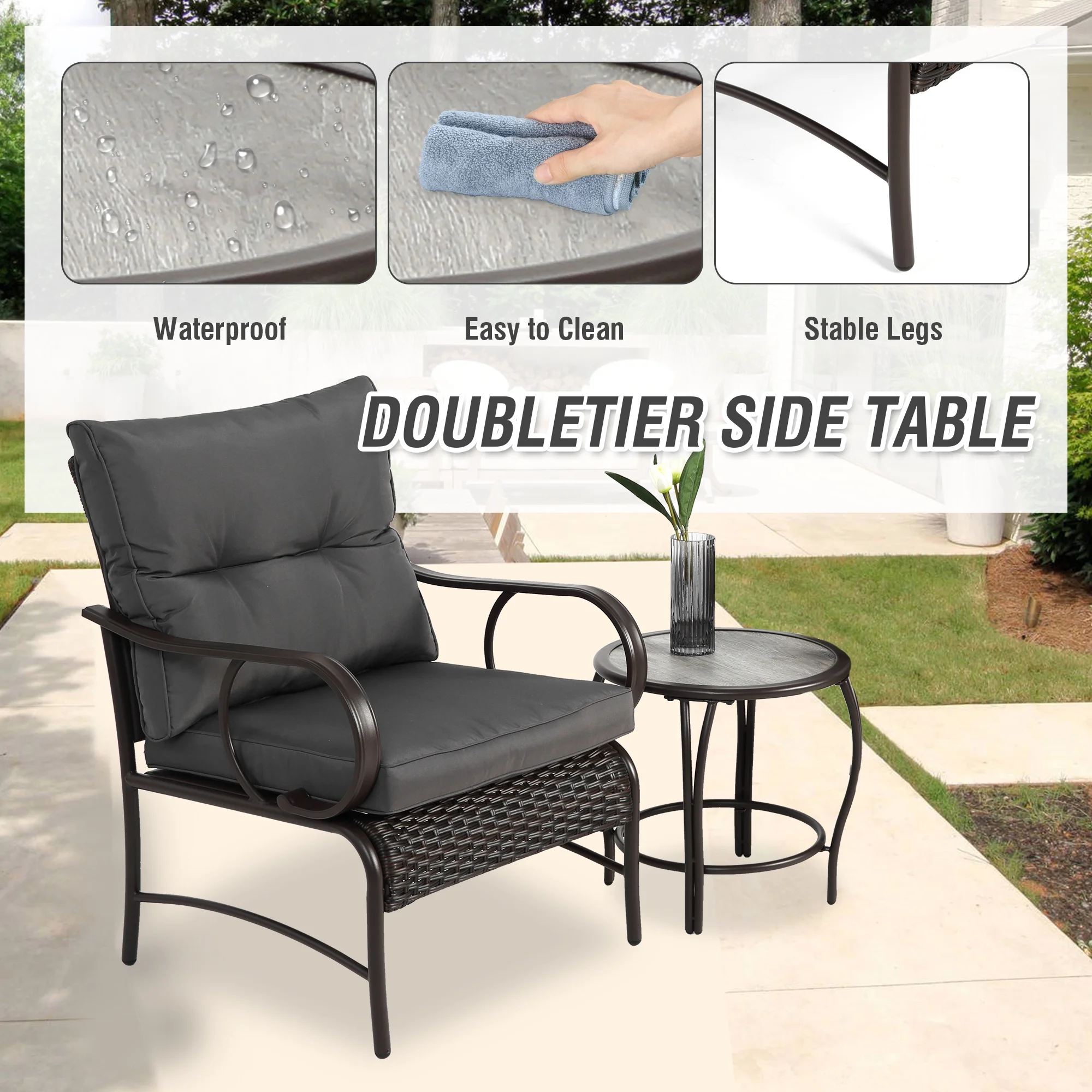Villeston 3 Piece Outdoor Wicker Conversation Patio Set, with 2 Chairs, Table for Porch Garden,Blue - Image 14