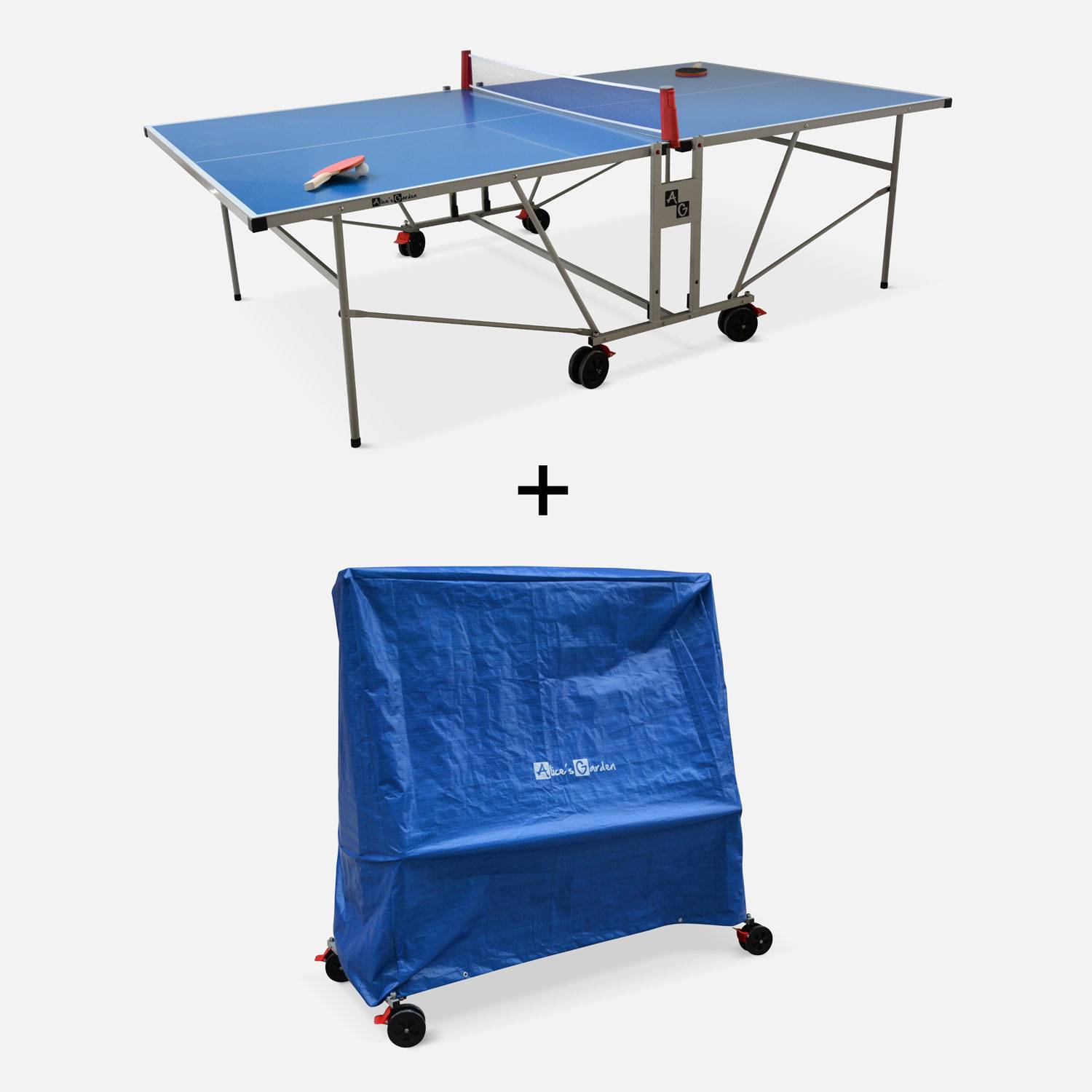 Mesa de ping pong exterior + funda - Mesa de ping pong plegable para exterior con 2 raquetas + 3 pelotas, 274cm