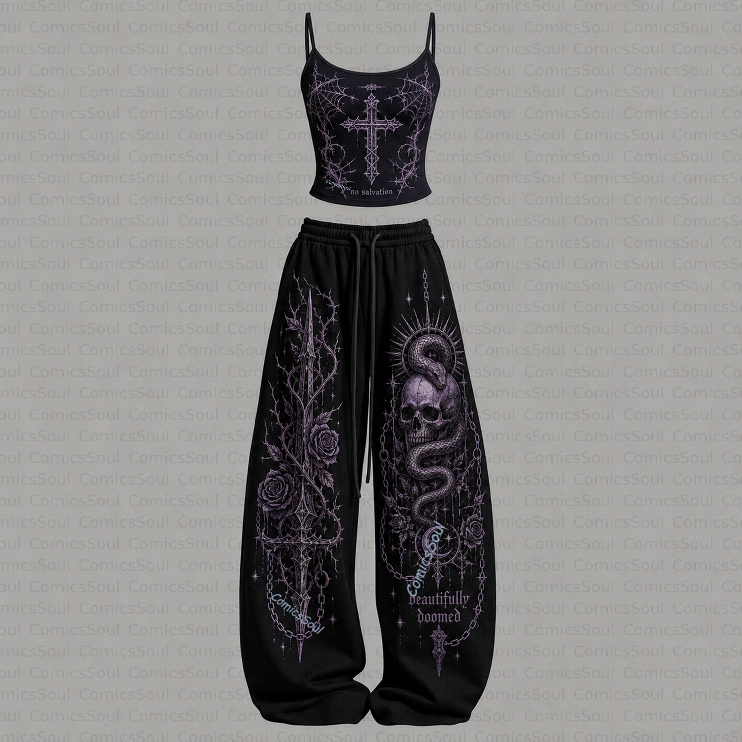 Gothic Heart Top & Elasticated Trousers Two-Piece Set