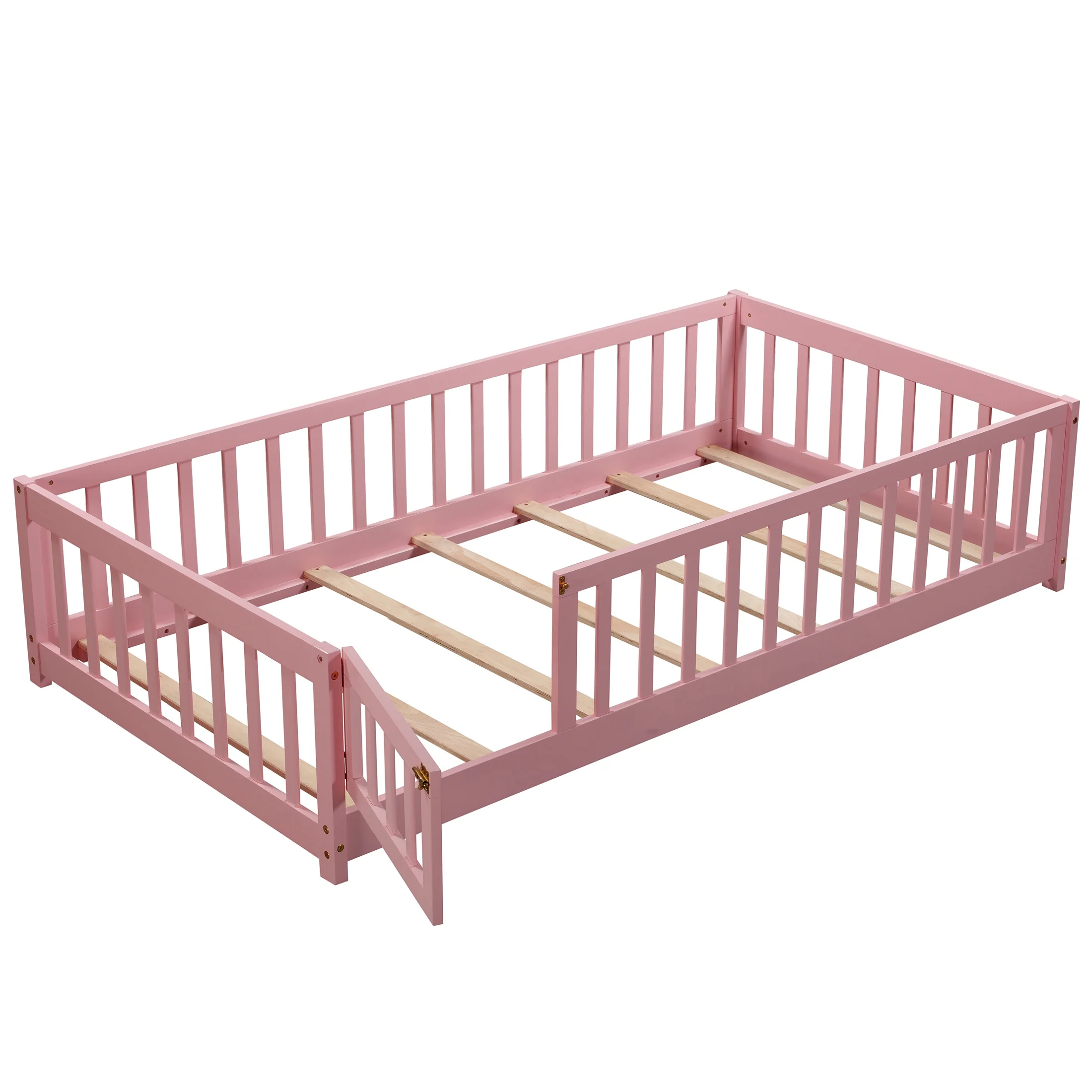 UHOMEPRO Twin Size Floor Bed with Door and Fence, Montessori Floor Bed with Slats and Safety Guardrails, Solid Wood Twin Bed Frame for Bedroom, White - Image 49