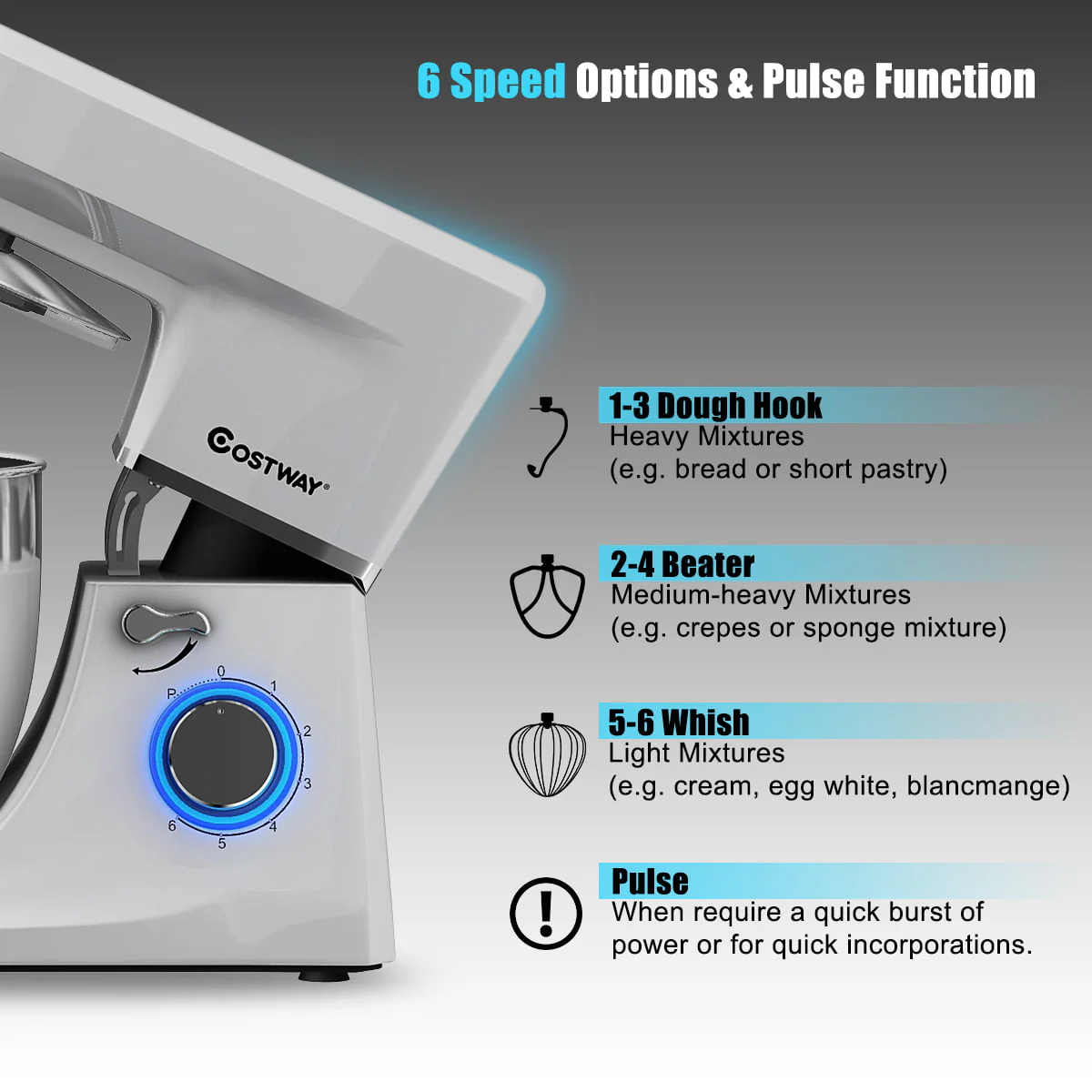 Costway Tilt-Head Stand Mixer 7.5 Qt 6 Speed 660W with Dough Hook, Whisk & Beater Silver - Image 6
