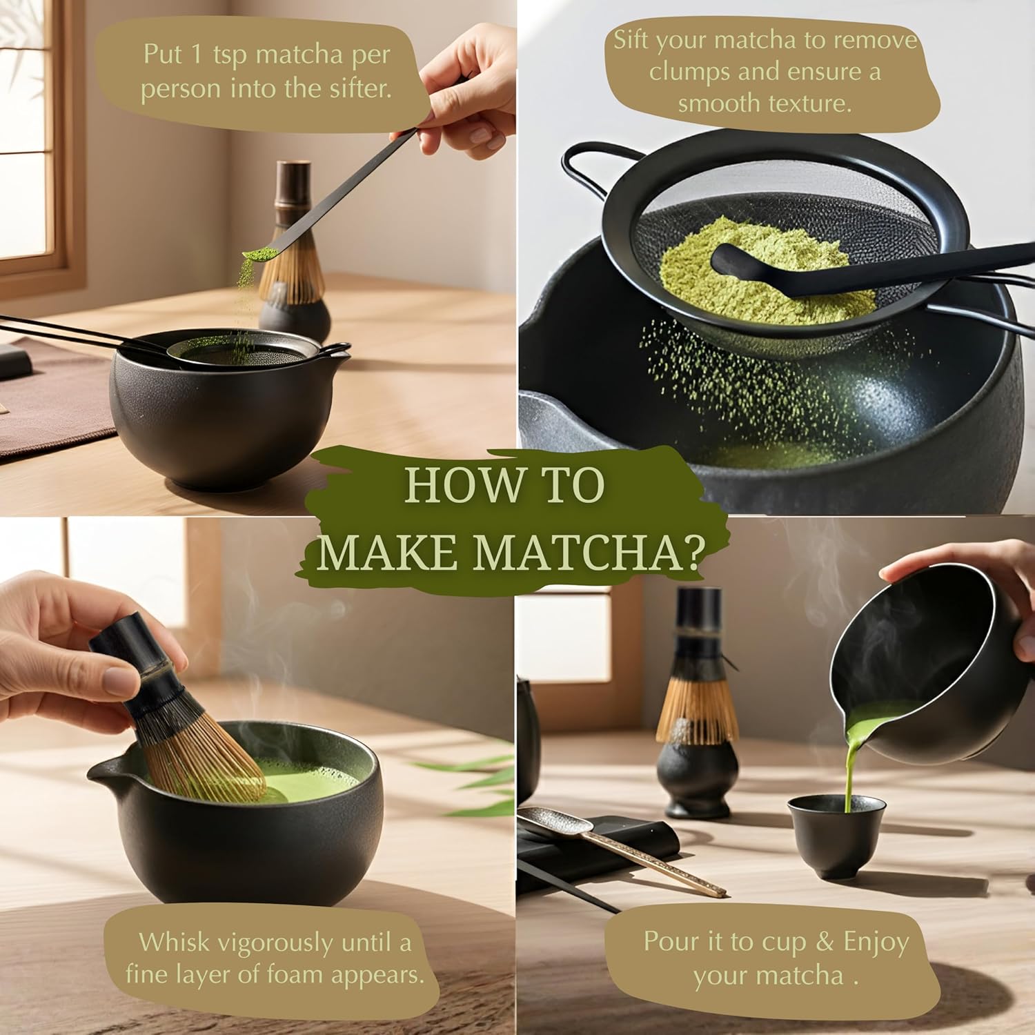 ZENSO Premium Matcha Whisk Set – 8 Piece Japanese Matcha Tea Ceremony Kit | Handmade Ceramics - Matcha Bowl, Purple Bamboo Whisk, Whisk Holder, Sifter, Scoop & Scoop Holder, Cloth, Spoon - Dark Gray