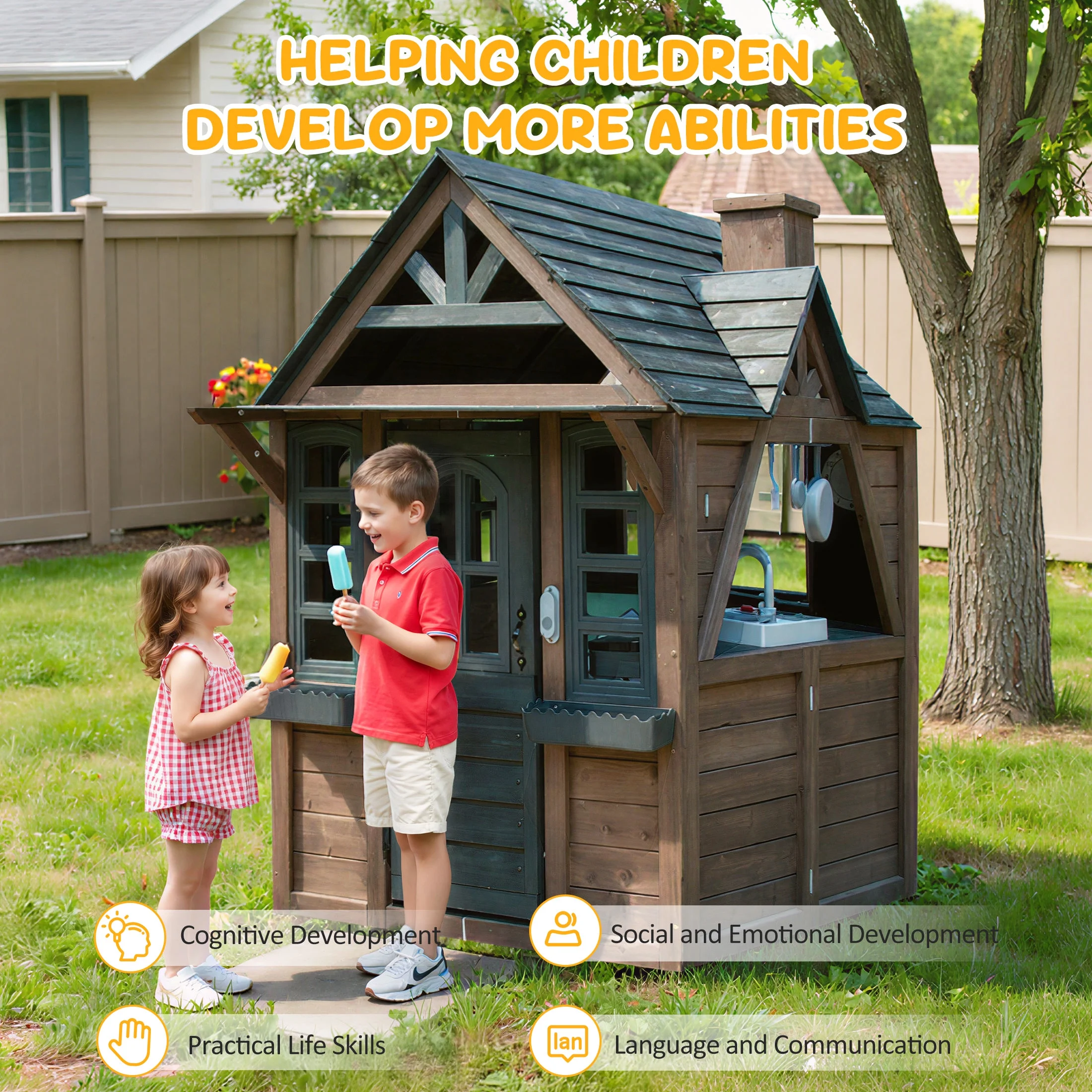 COCLUB Outdoor Playhouse for Kids Ages 4-8, Wooden Play House with Doorbell, Phone, Kitchen Toys, Outdoor Kids Play Equipment, Casa Para Ni?as (45-L x 65-H), White & Black - Image 22