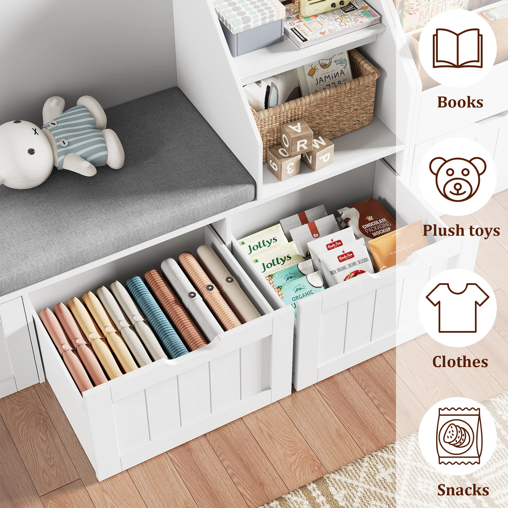 Homfa Kids Bookshelf with Reading Nook & 3 Movable Drawers, 2 Cube Bookcase with 4-Tier Book Racks, Toy Storage Organizer for Playroom Bedroom, White - Image 11