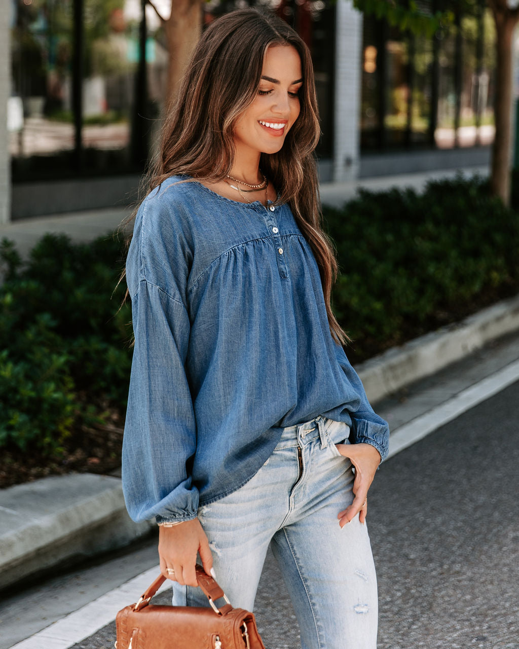 Blue Crew Chambray Henley Tencel Top - SALE - Se7enfashion