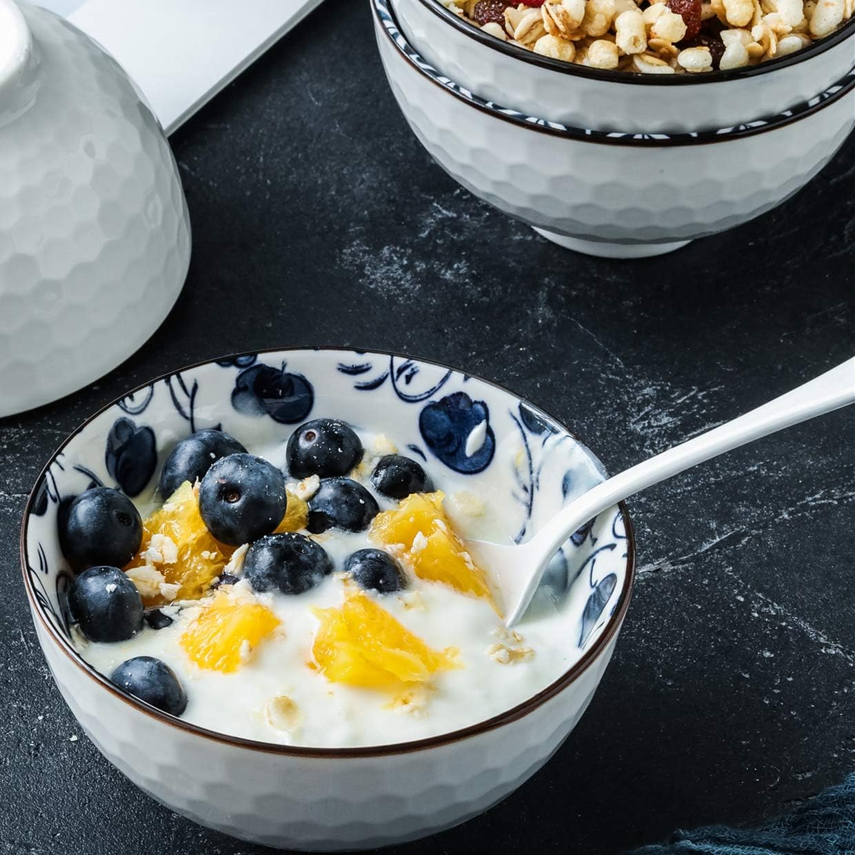 Japanese Style Ceramic Rice Bowls,10 Ounces Small Salad,Soup,Ice Cream Snack Dip Bowl Set of 6,Blue and White Floral Microwave Safe for Kitchen (4.5 inch)