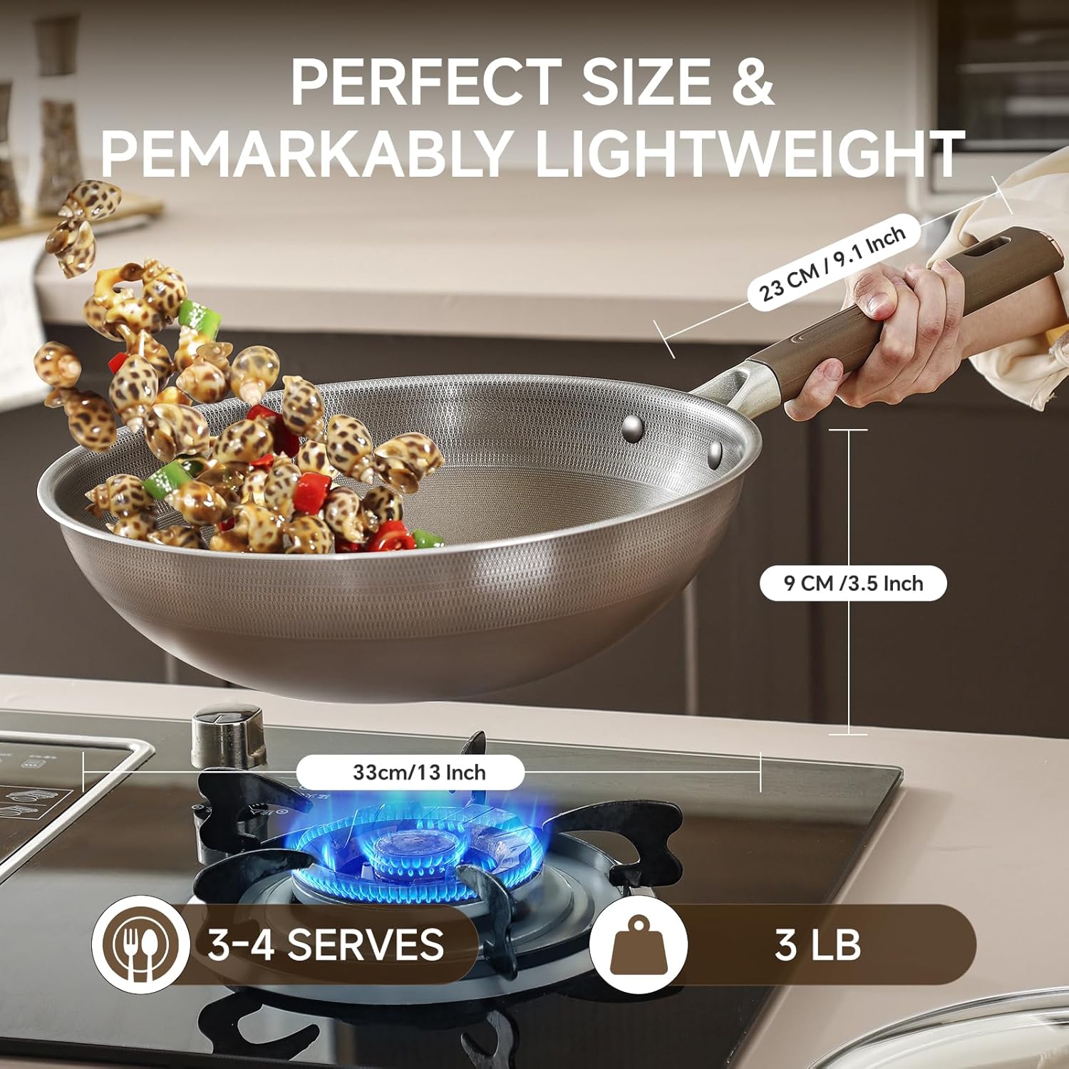 13 Inch Titanium Wok Pan with Lid - Non Stick Frying Pan, Extended Cool-Touch Handle, PFAS/PFOA/PTFE Free Flat Bottom Wok, Dishwasher Safe, Works on All Stovetops Including Induction