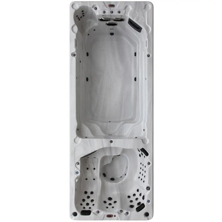 Canadian Spa Co 17 – Person 73 – Jet Acrylic Rectangular Hot Tub with Ozonator and Built-In Speaker in Sterling Silver, Walnut