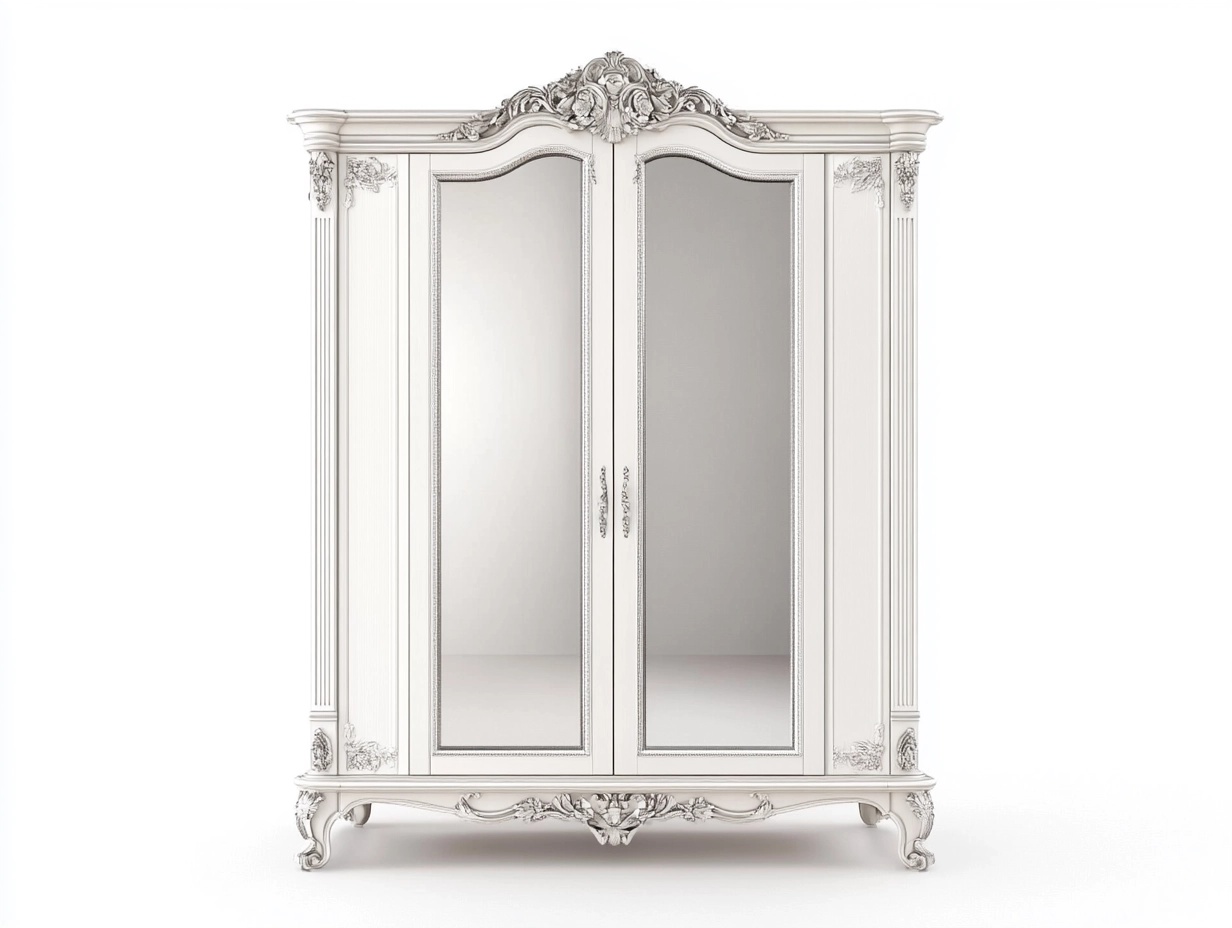 Armario clásico blanco con puertas de espejo talla 200x60x220 cm para dormitorio hecho de madera maciza elegante QN6329553