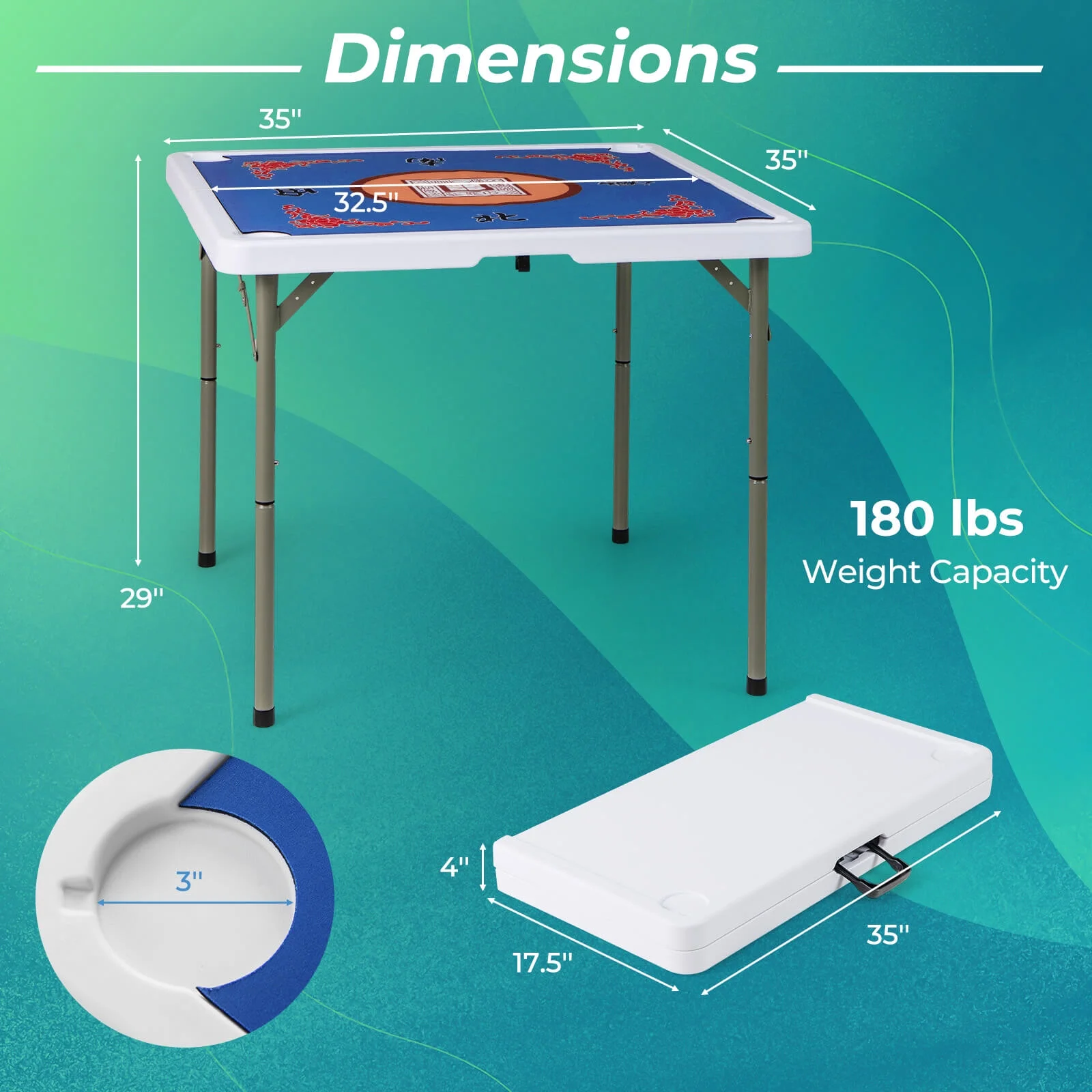 Costway 35" Folding Mahjong Table with Cup Holders & Smooth Felt Mat Carrying Handle Green - Image 24