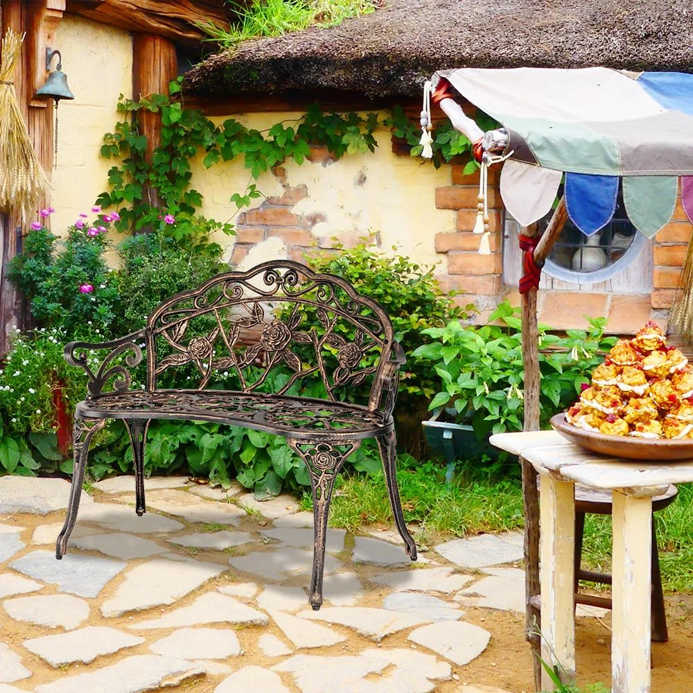 Zimtown Courtyard Park Outdoor Patio Bench Leisure Rose Cast Aluminum Chair, Metal Loveseat Bench for Garden Patio, Porch, Deck, Bronze - Image 8
