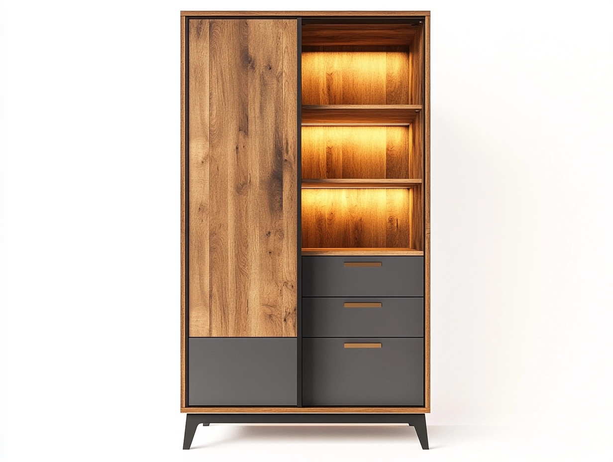 Armario de madera y gris con iluminación LED para salón estilo moderno 180x90x40 cm AA9773526