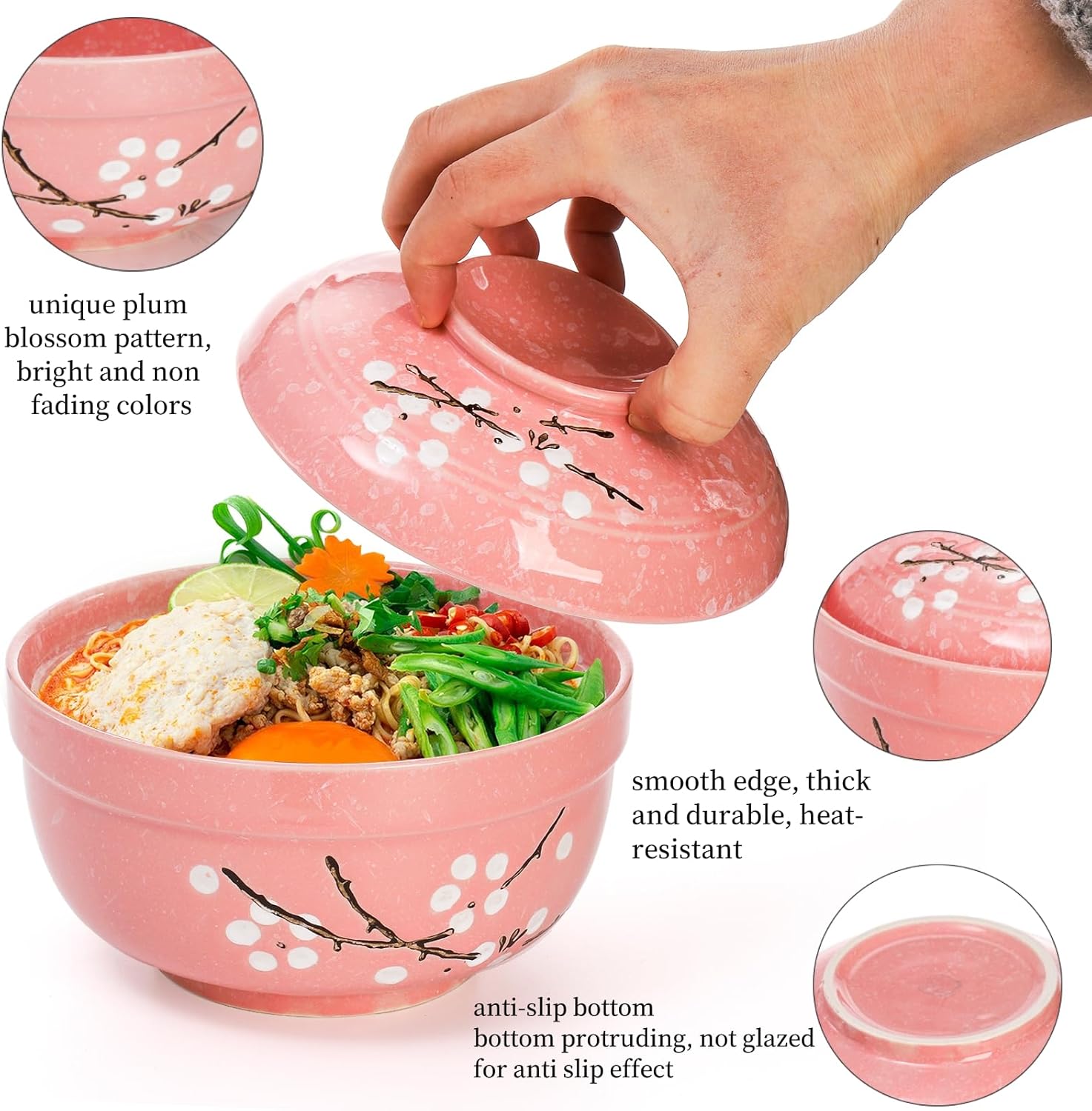 Goaste 2 Pack Ceramic Ramen Noodle Bowl, 27 OZ Big Ramen Bowl with Lid, Japanese Hand-Painted Ceramic Tableware, Durable Floral Soup Bowl for Noodles, Porridge, Rice, Dishwasher Safe(Pink, Cyan Blue)