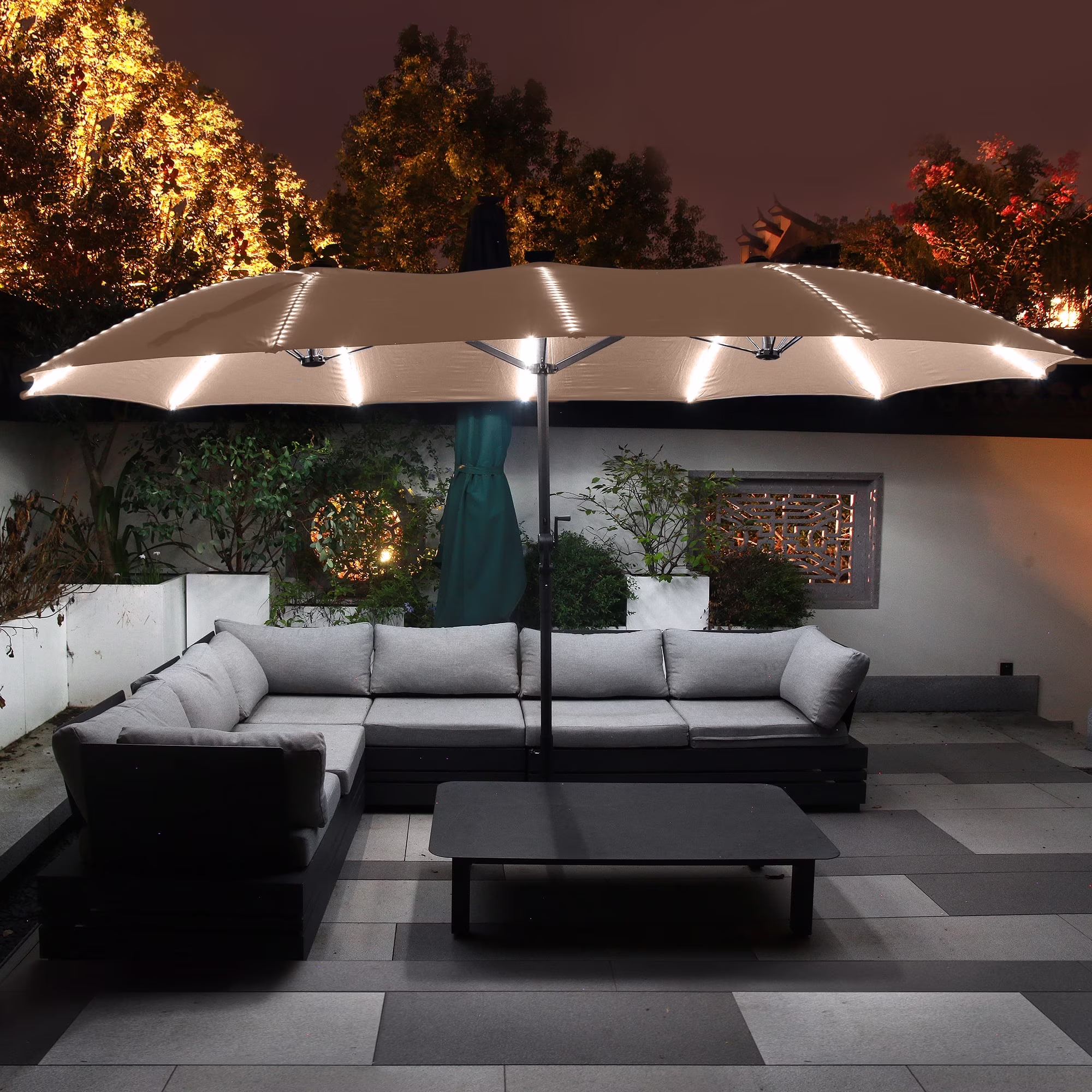 Mondawe 15ft Patio Umbrella, Large Double-Sided Solar LED Outdoor Umbrella with Fiberglass Ribs and Base for Deck Pool, Navy Blue - Image 3