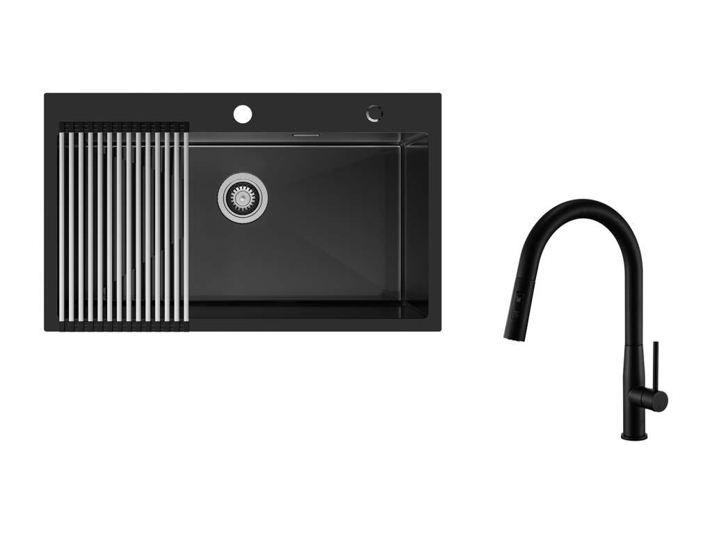 AuralumMAX Fregadero de Cocina 1 Bandeja 75 x 45 cm,Fregadero Inox Negro con Escurridor Plegable+Grifo Cocina conDucha Extragible, 2 Modos Jets,Negro