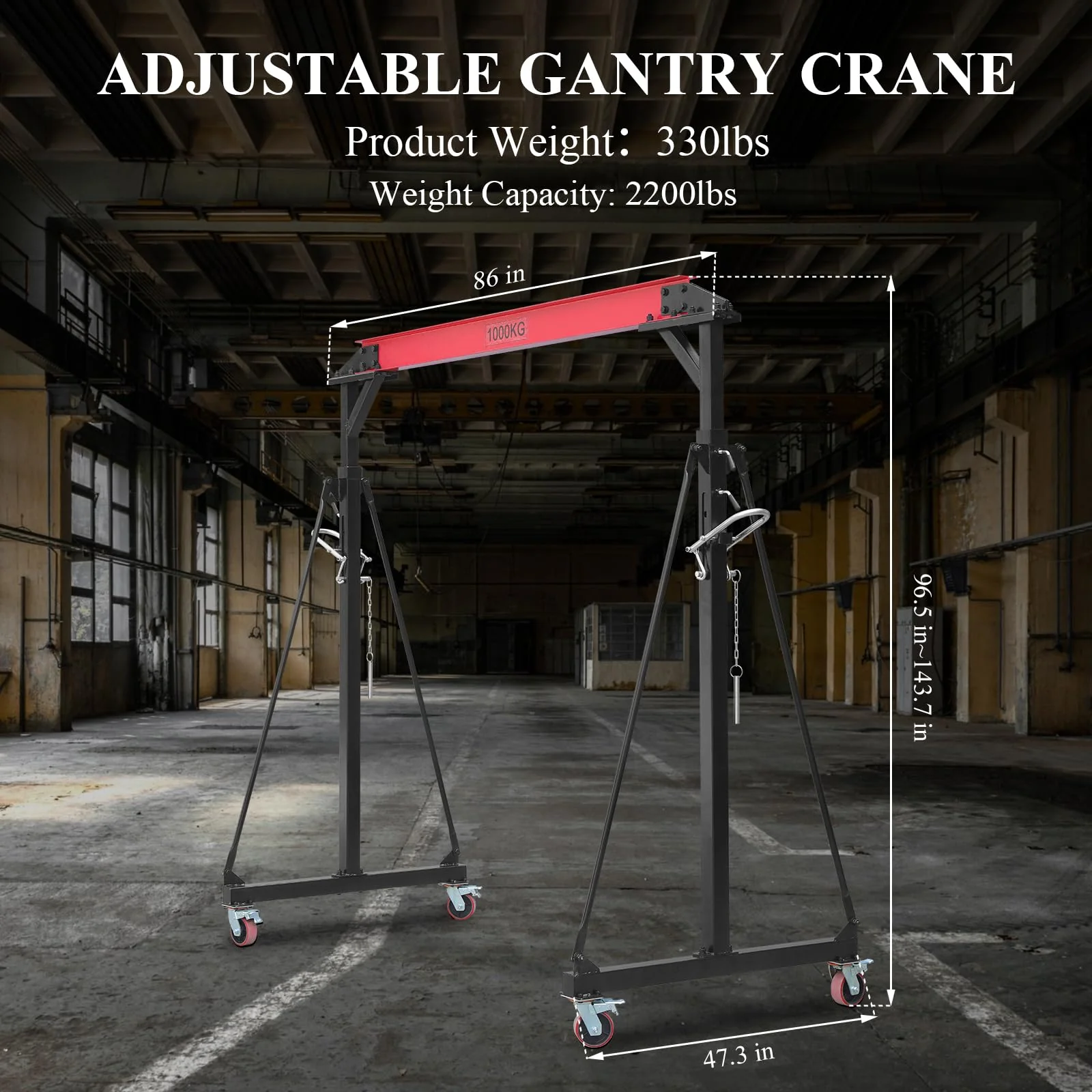 2025  1 Ton Adjustable Gantry Crane, 2200 lbs Capacity, Height Adjustable 96.5"-143.7", Portable Hoist for Factory, Construction, Warehouse, Auto Repair