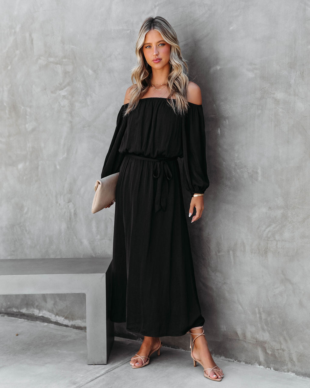 Echo Off The Shoulder Front Tie Midi Dress - Black - Se7enfashion