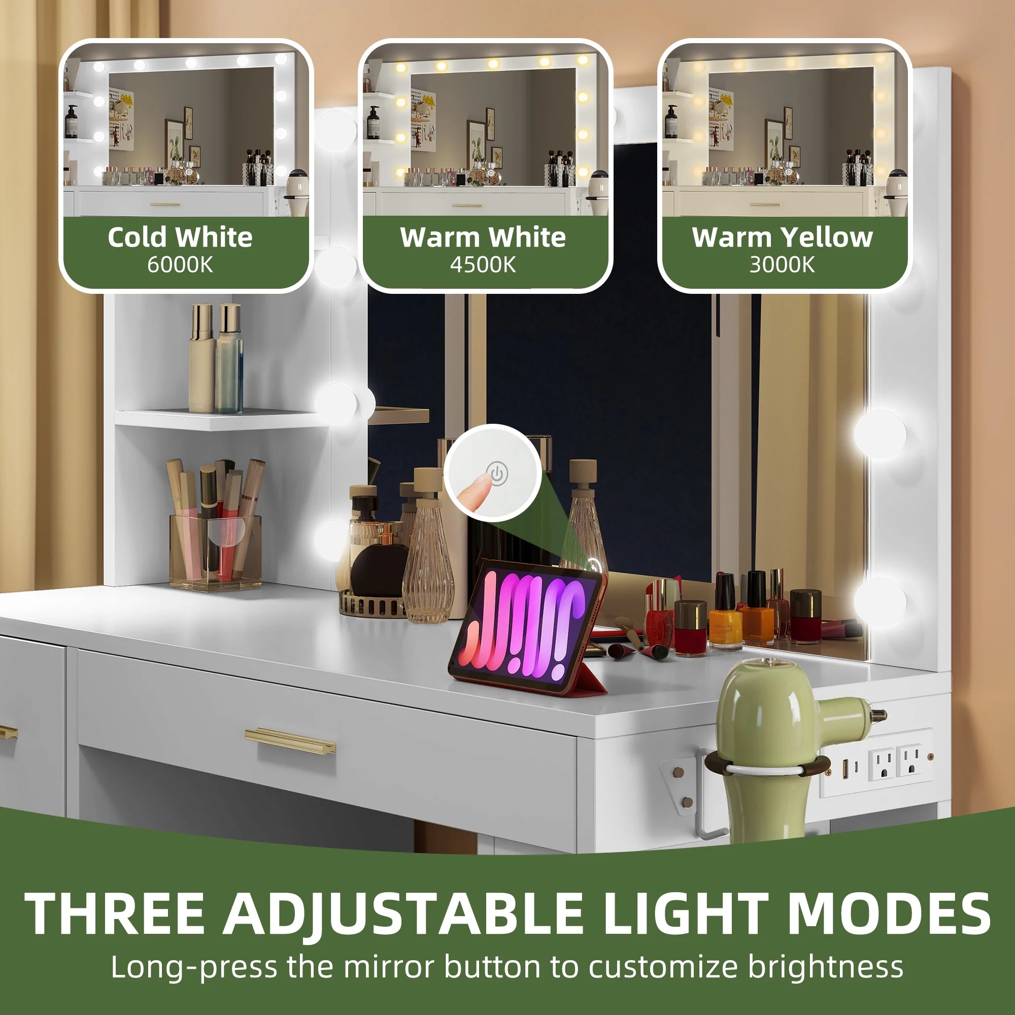 Uforic Makeup Vanity Desk with Mirror & Lights, Vanity Desk with 4 Drawers & Storage Shelves - White - Image 7