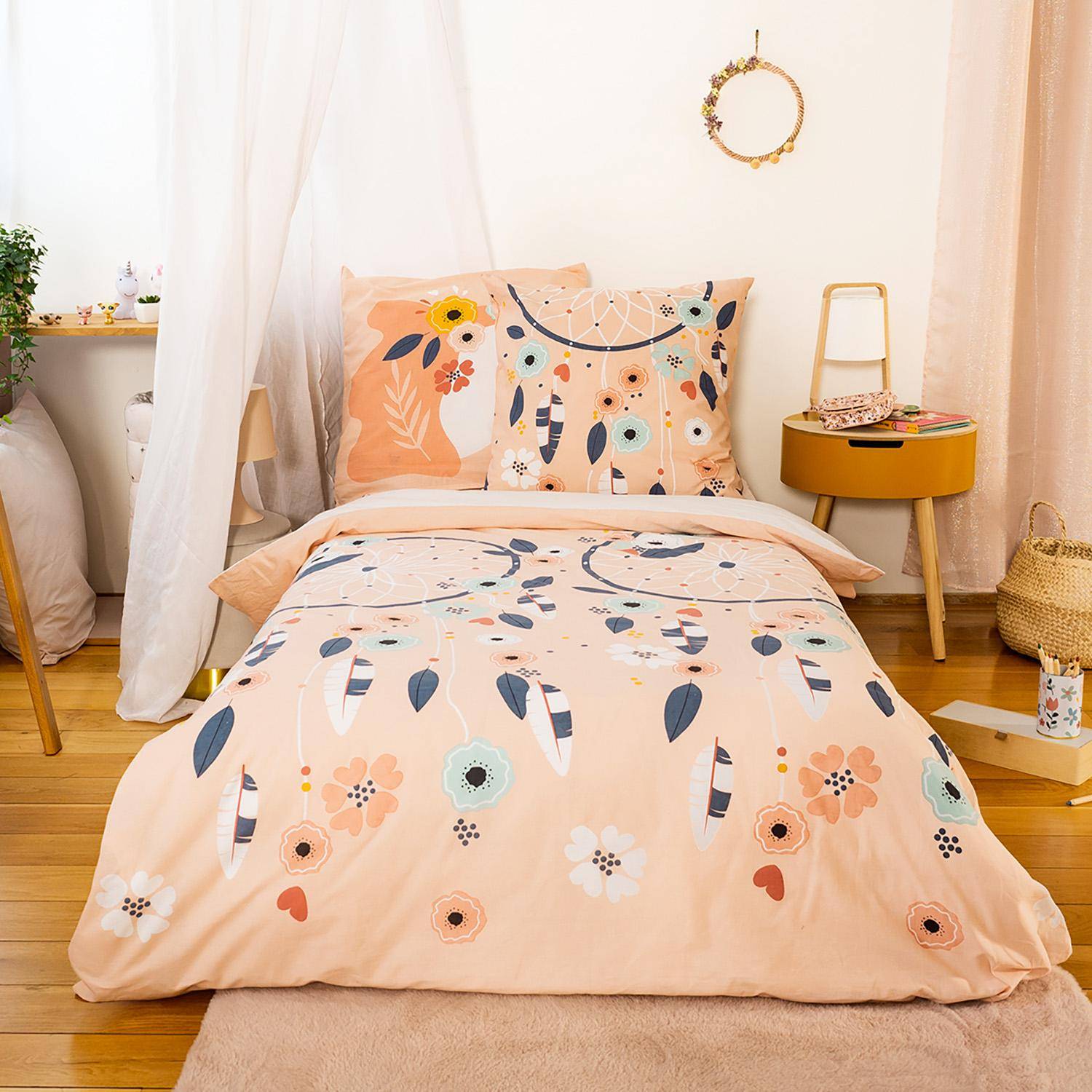 Ysia - Ropa de cama de algodón reversible con estampado de atrapasueños y unicornio, 1 plaza
