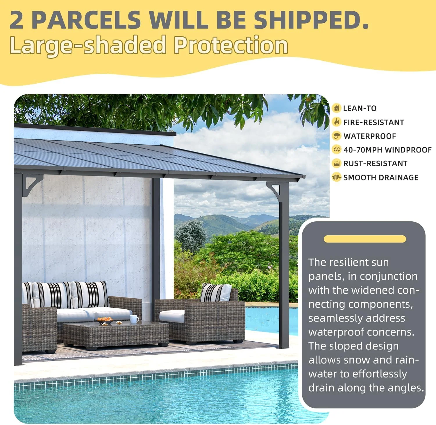12' x 14' Outdoor Pergola Gazebo, Wall-Mounted Lean to Metal Awnings Gazebos on Clearance for Patio, Large Panel Roof Pergolas and Gazebo for Outdoor Use - Image 2
