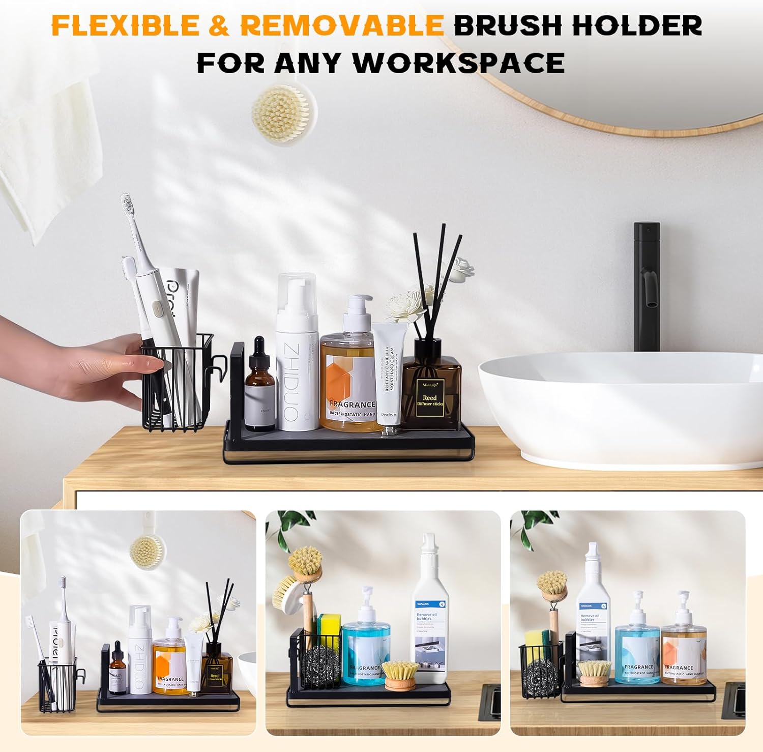 KONE Black Kitchen Sink Caddy: Kitchen Sponge Holder with Instant Drying Stone and Brush Holder, Rustproof Sink Organizer for Sponges, Soap, Home Decor Storage and Organization