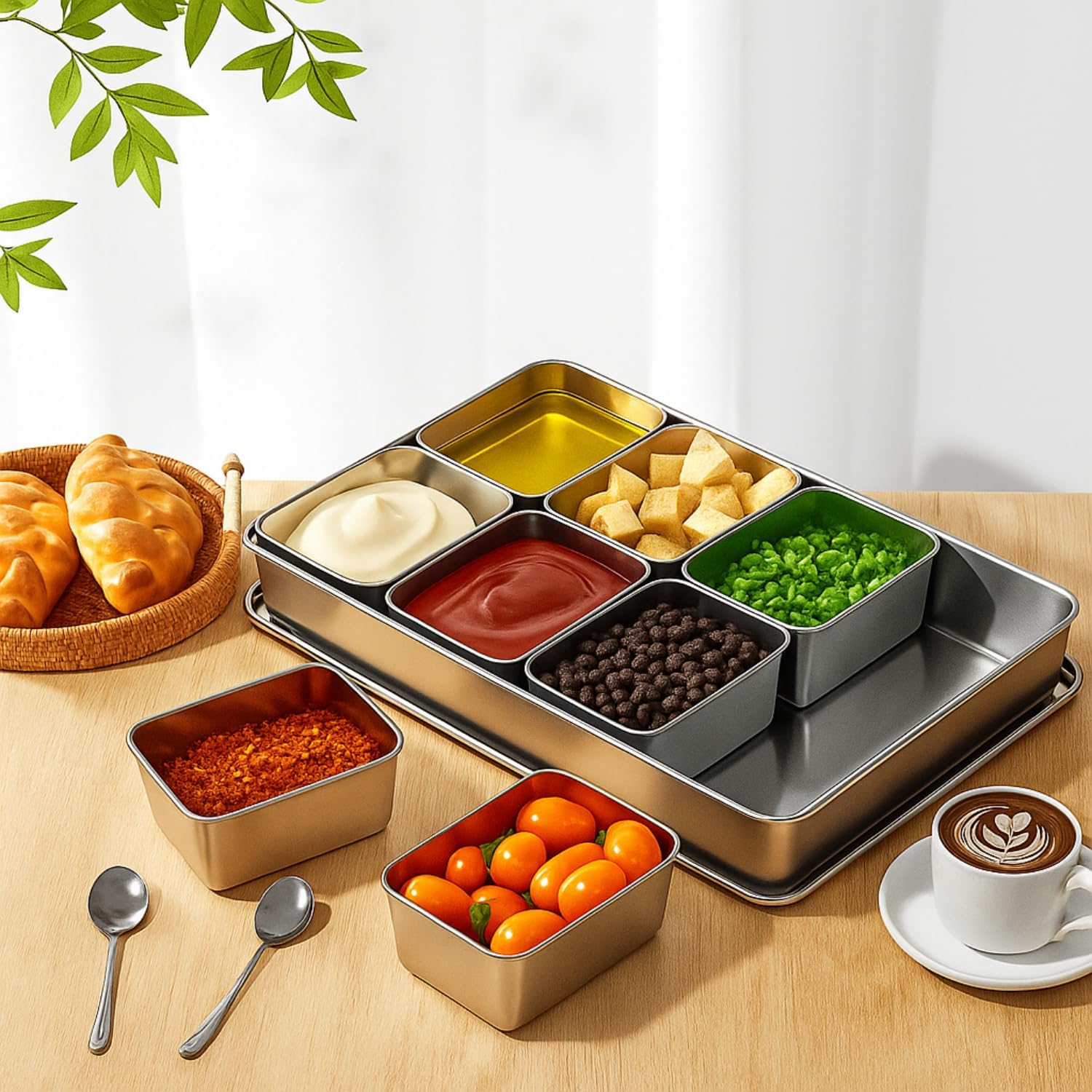 Boao 8 Compartment 304 Yakumi Pans Stainless Steel Mise En Place Japanese Yakumi Tins Seasoning Condiment Container with Lids Spoons for Food Meal Prep Organizer for Kitchen Salad Spices Herbs, Masala