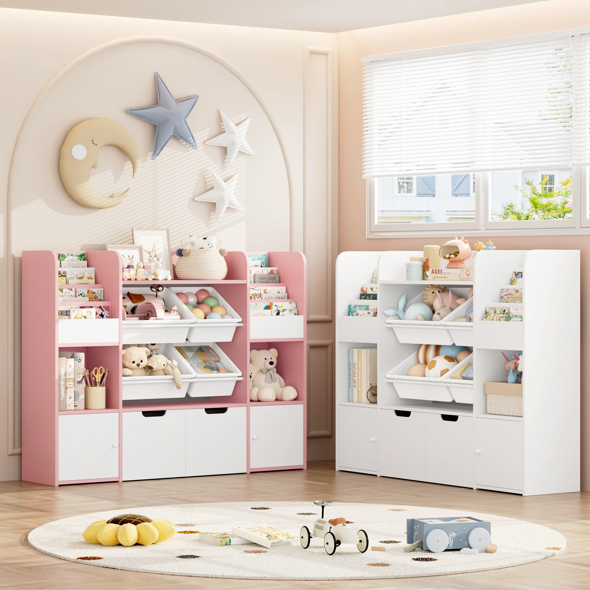 Hiphuta Kids Bookcase Toy Storage Organizer, Wooden Toy Organizer of 4 Bins& 2 Removable Drawers for Home Bedroom, Kids Bookshelf Toy Box with Book Rack, White - Image 25