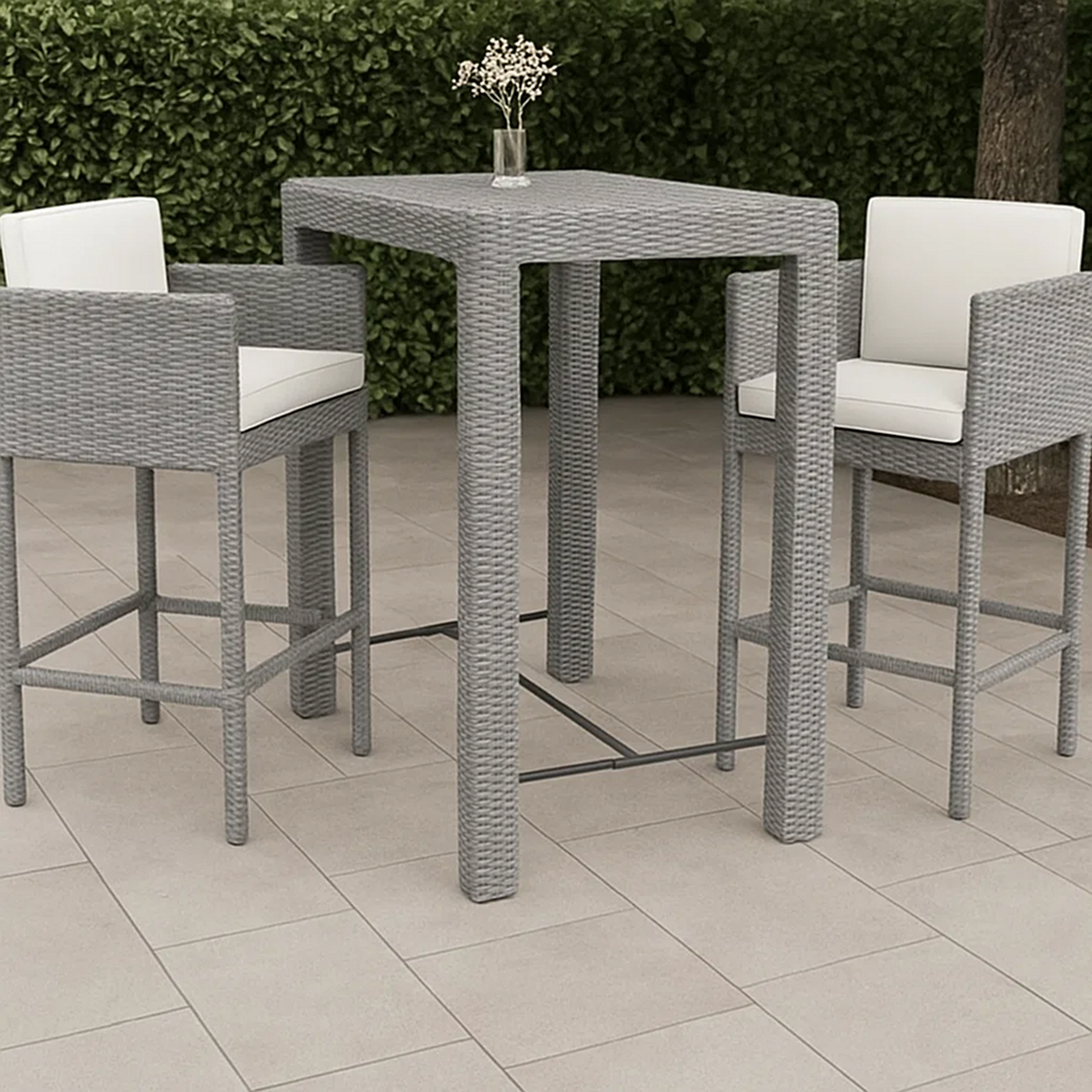 Conjunto de bar para jardín 3 pzas ratán sintético gris con cojines – mesa alta y 2 taburetes