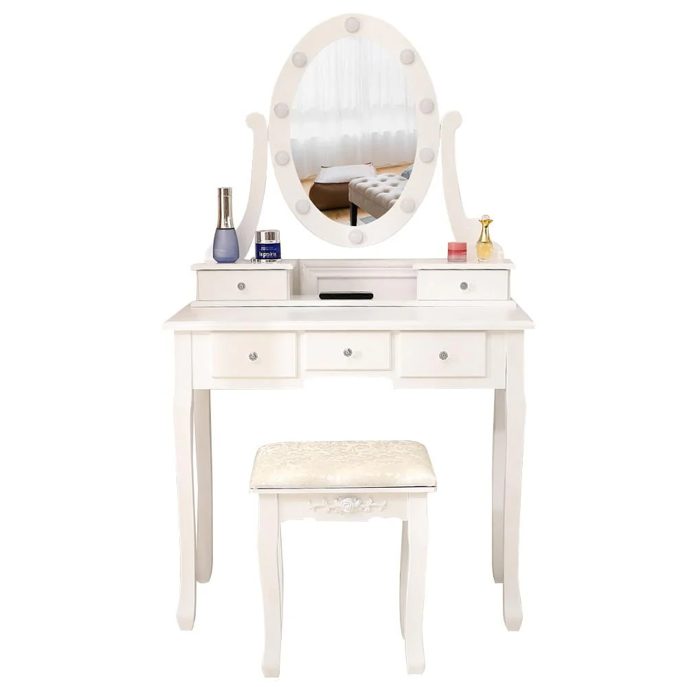 Ktaxon Vanity Table 10 LED Lights, 5 Drawers Makeup Dressing Desk with Cushioned Stool Set,Bedroom Vanities Set White - Image 10