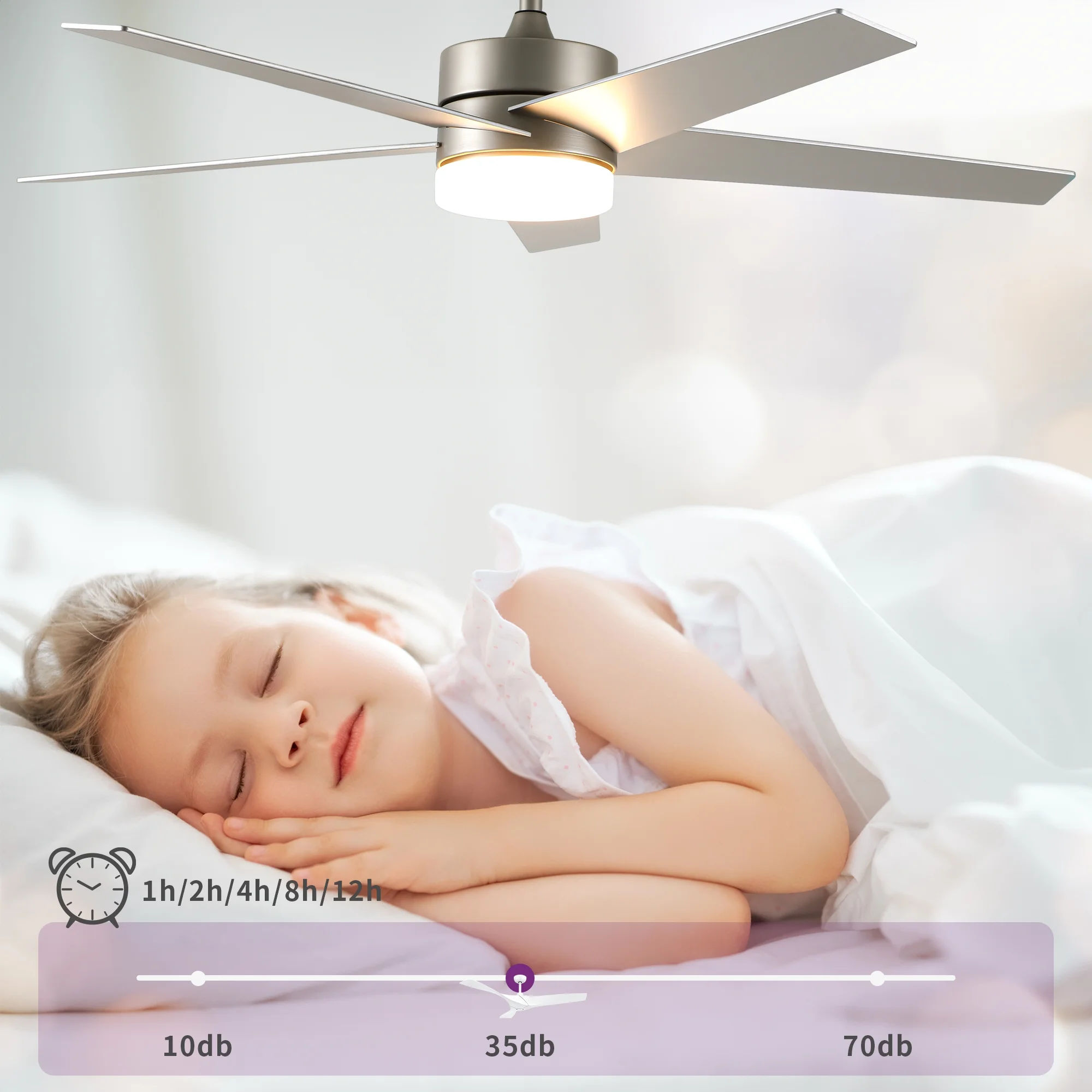 Uforic 52" Modern Ceiling Fan with Lights and Remote Control, 5-Blade Ceiling Fan with Dimmable Tri-Color Light, Quiet and Reversible 6-Speed DC Motor, Perfect for Bedroom, Living Room - Silver - Image 3
