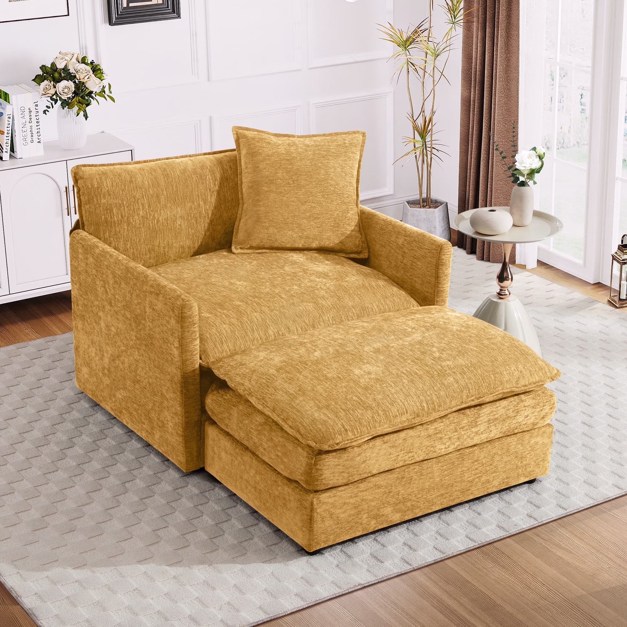 Muumblus Oversized Lounge Chair with Ottoman, Cloud Accent Armchair for Living Room, Beige Chenille - Image 5