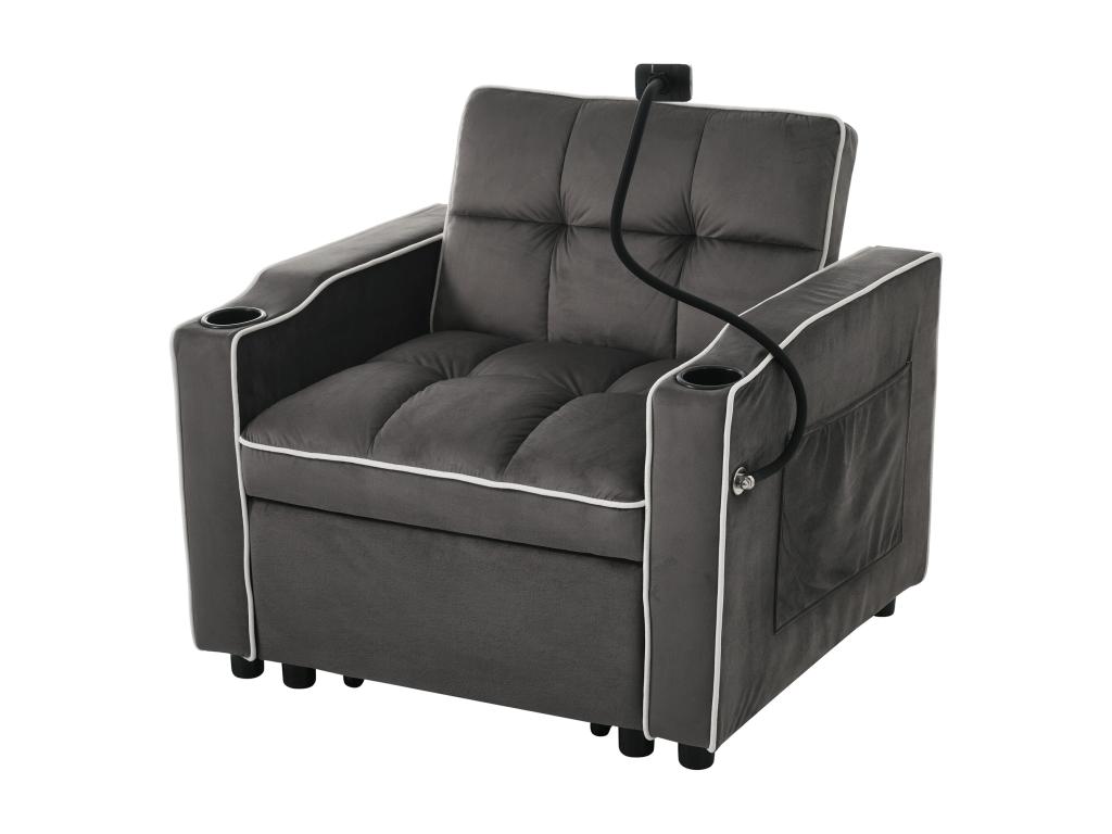 Sillón retráctil de terciopelo - con portavasos y soporte para teléfono móvil - Gris